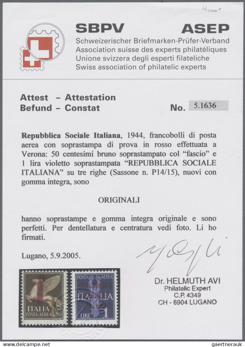 Italy: 1944. UNISSUED OVERPRINTS. Proofs Done In Verona. R.S.I. Overprint On Air - Ongebruikt