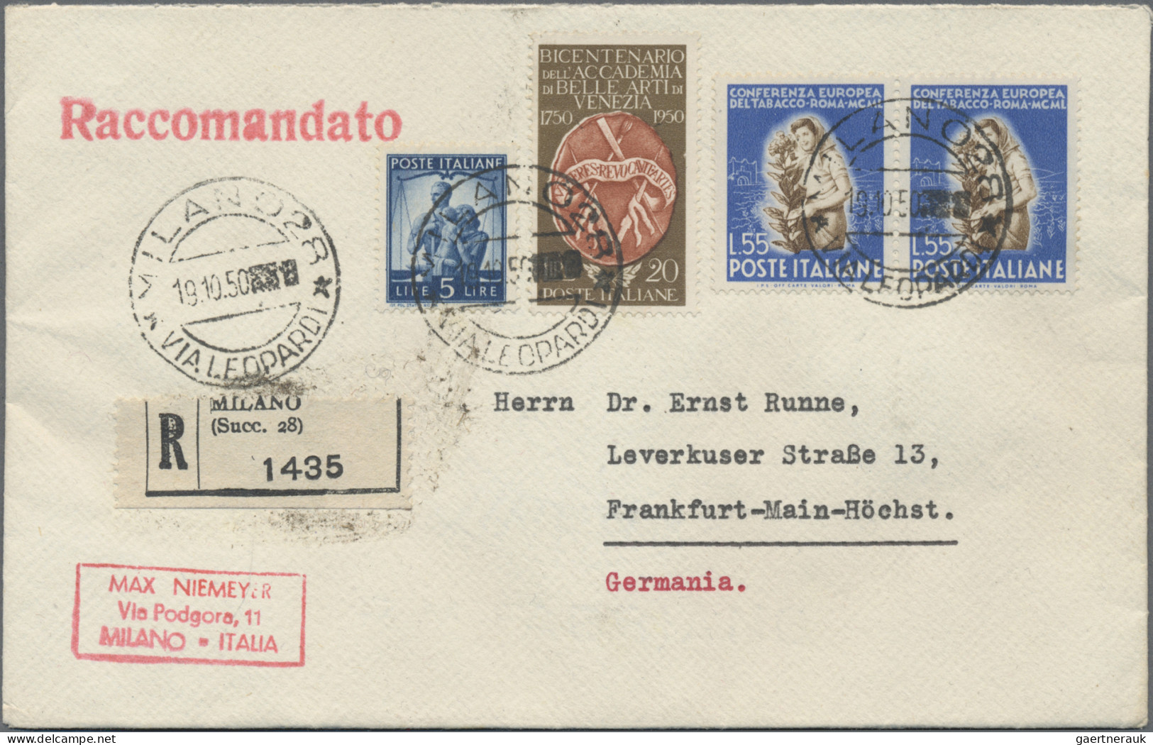 Italy: 1950, Tobacco Conference 55l. Ultramarine/brown, Horizontal Pair In Combi - 1961-70: Marcophilie