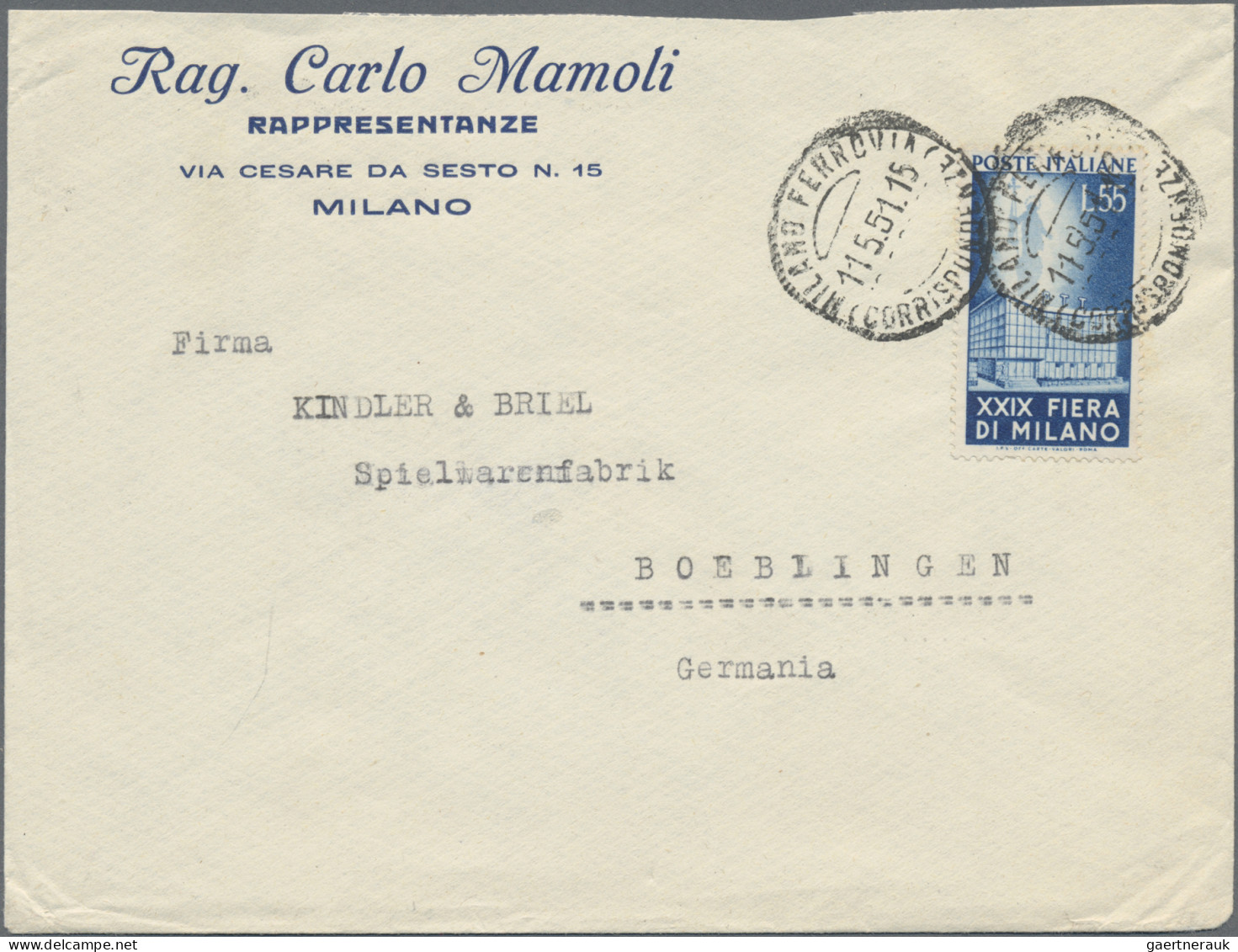 Italy: 1951, Mailand Fair 55l. Blue, Single Franking On Commercial Cover (roughl - 1961-70: Marcofilia