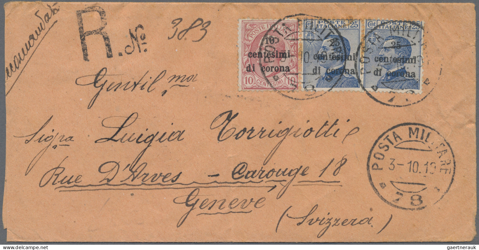 Italy: 1919, Group Of 4 Registered Covers: 10 C Rose And 2 X 25 C Blue, Tied By - Trentin & Trieste