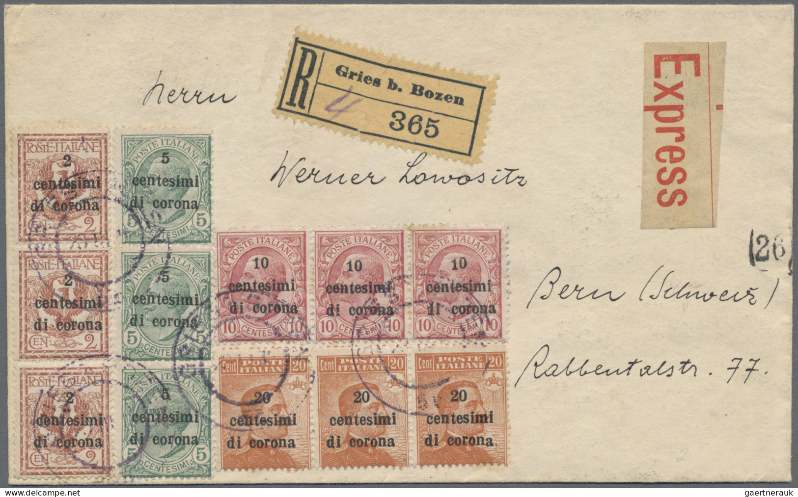 Italy: 1919, Group Of 4 Registered Covers: 10 C Rose And 2 X 25 C Blue, Tied By - Trentino & Triest