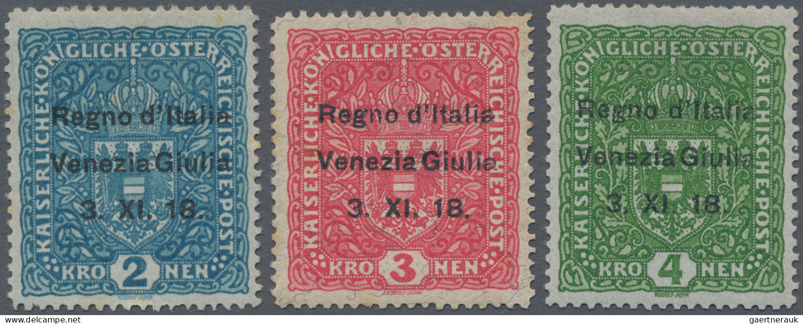 Italy - Venezia Giulia: 1918, Austrian 2, 3 And 4 K Overprinted "Regno D' Italia - Venezia Giulia