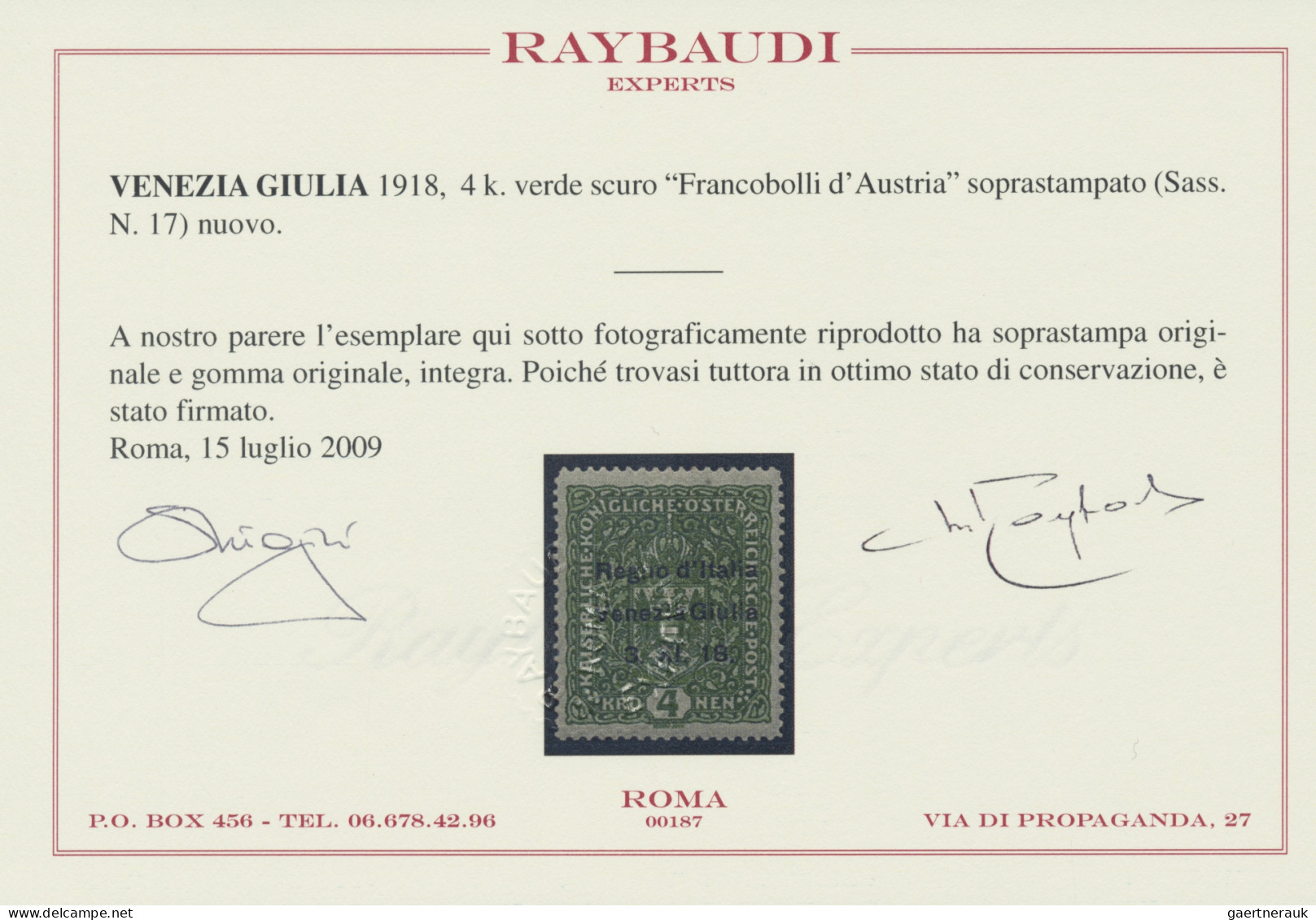Italy - Venezia Giulia: 1918, Austrian 4 K Green Overprinted "Regno D' Italia / - Venezia Giulia