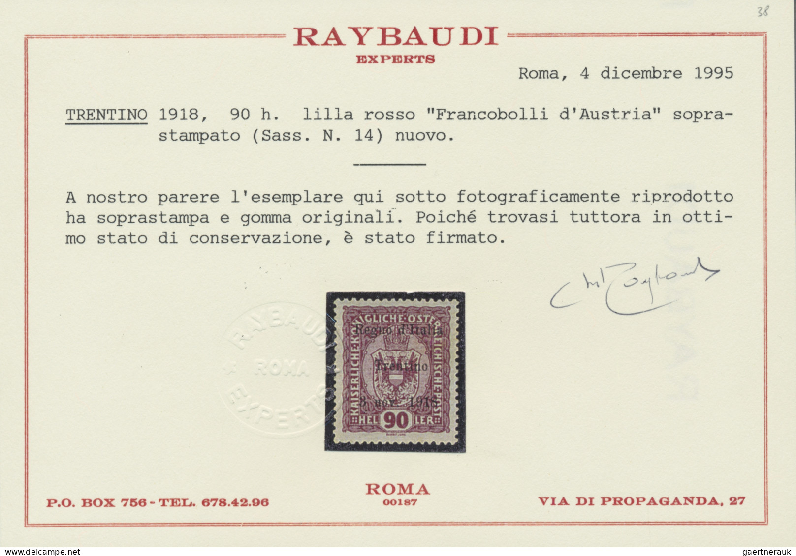 Italy - Trentino: 1918, Austrian 90 H Lila Red Overprinted "Regno D' Italia / Tr - Trentino