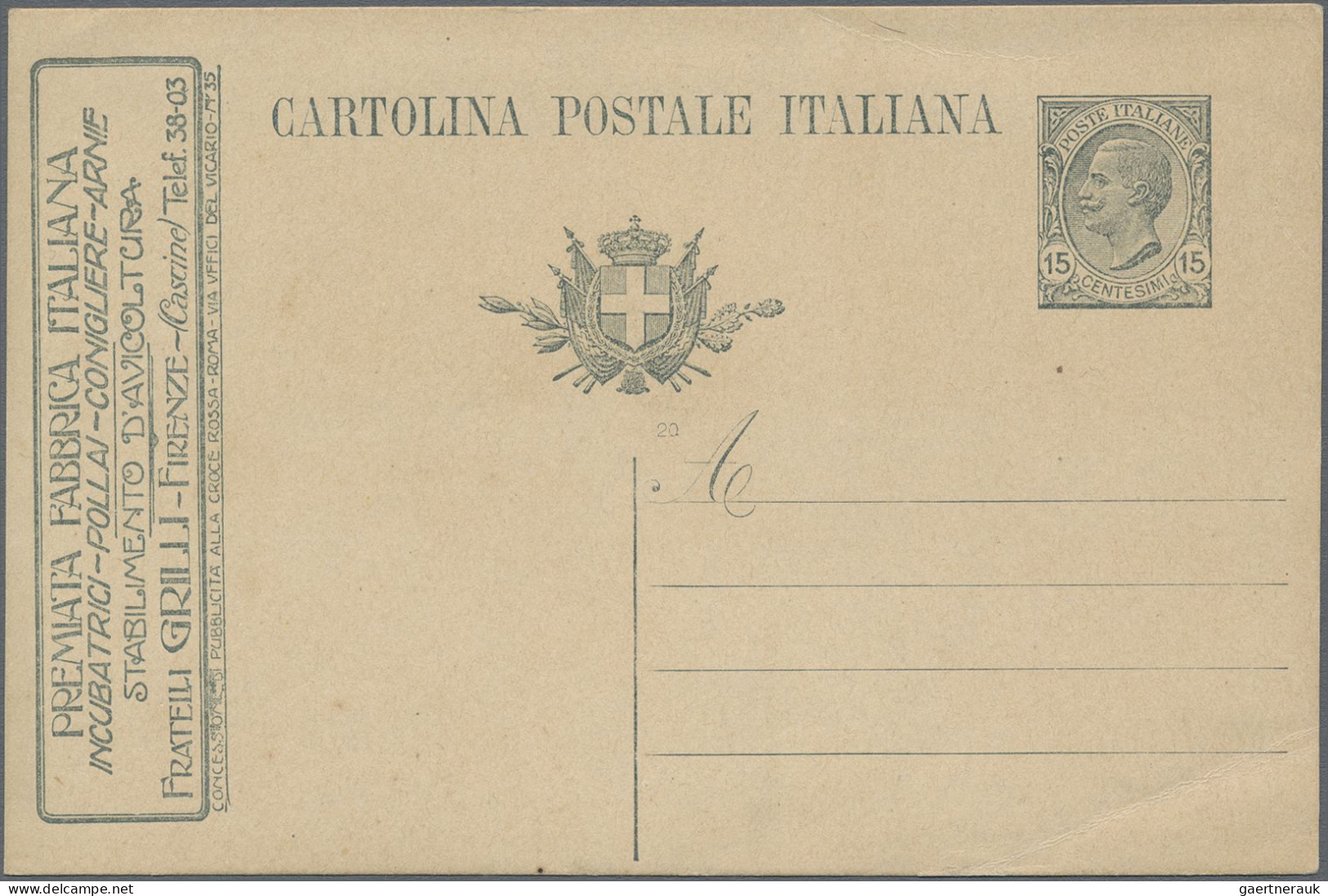Italy - Postal Stationary: 1920, 15 C Grey Psc With Advertisement 'FRATELLI GRIL - Stamped Stationery