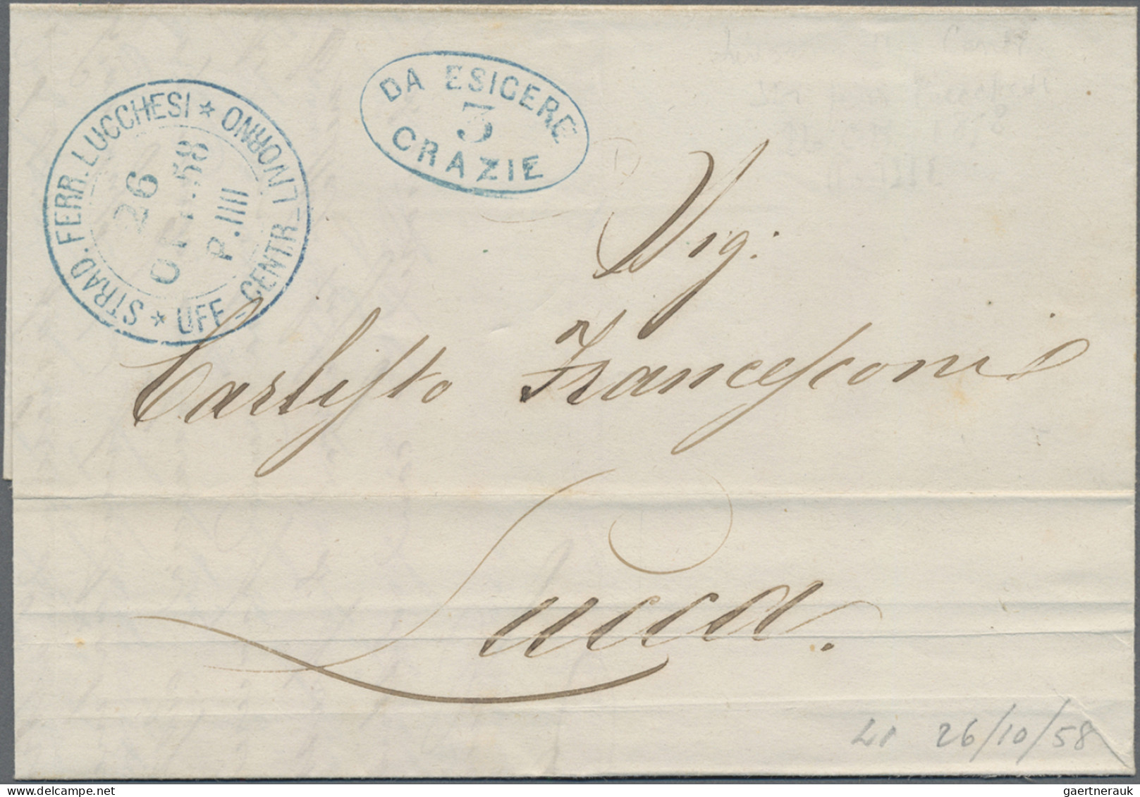 Italy - Post Marks: 1858, Blue Double Circle "STRAD. FERR. LUCCHESI UFF. CENTR. - Marcophilia