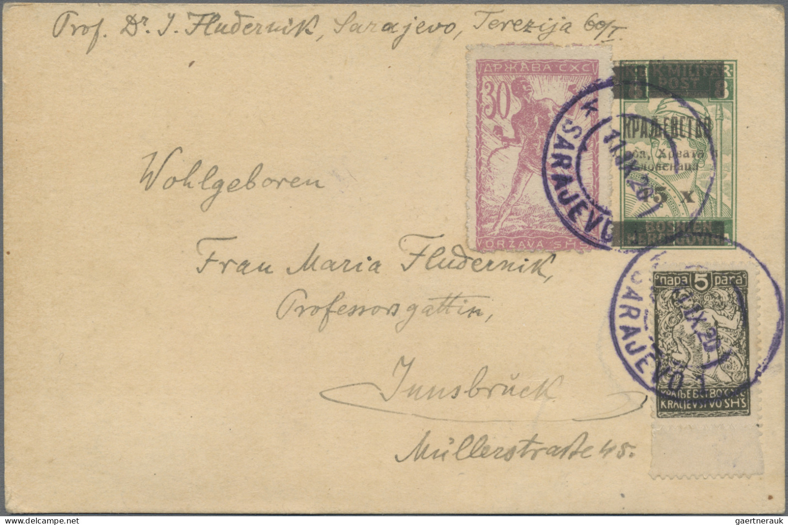 Yugoslavia - Postal Stationery: 1918, Stationery Card 15x On 8h. Green, Uprated - Postwaardestukken