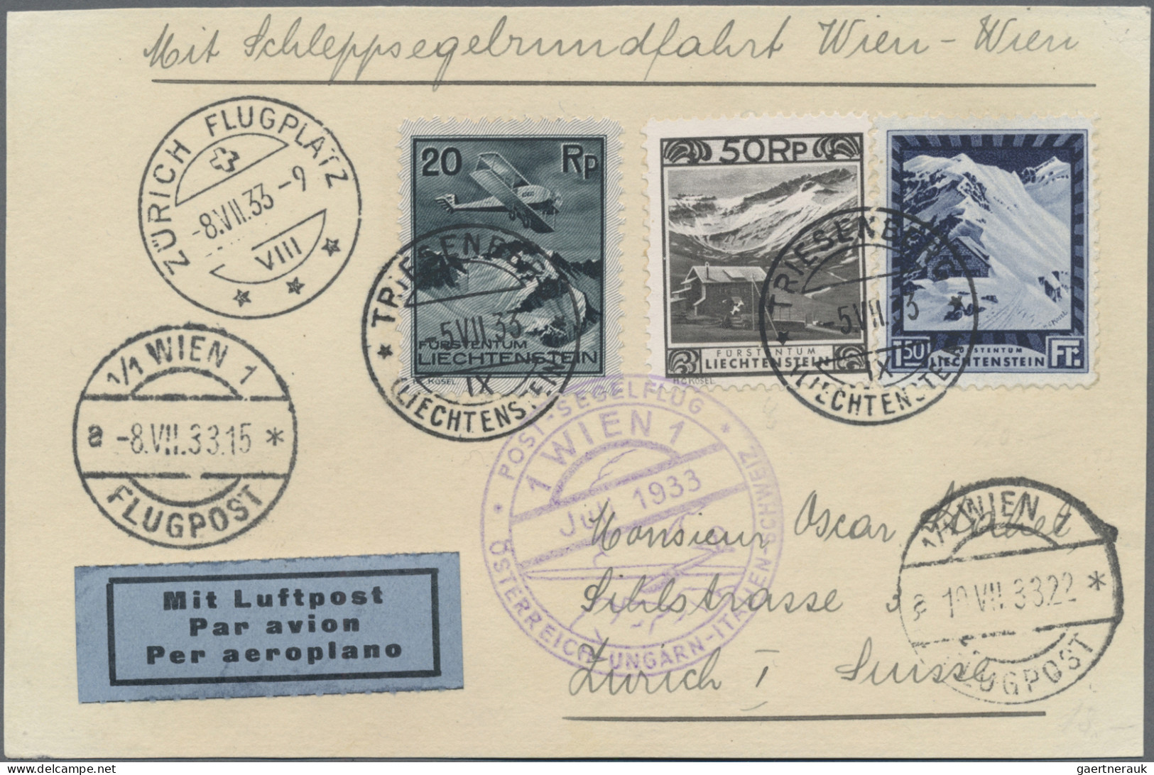 Liechtenstein: 1933, 50 Rp., 1.50 Fr. Freimarken Kosel Mit 20 Rp. Flugpost Auf B - Lettres & Documents