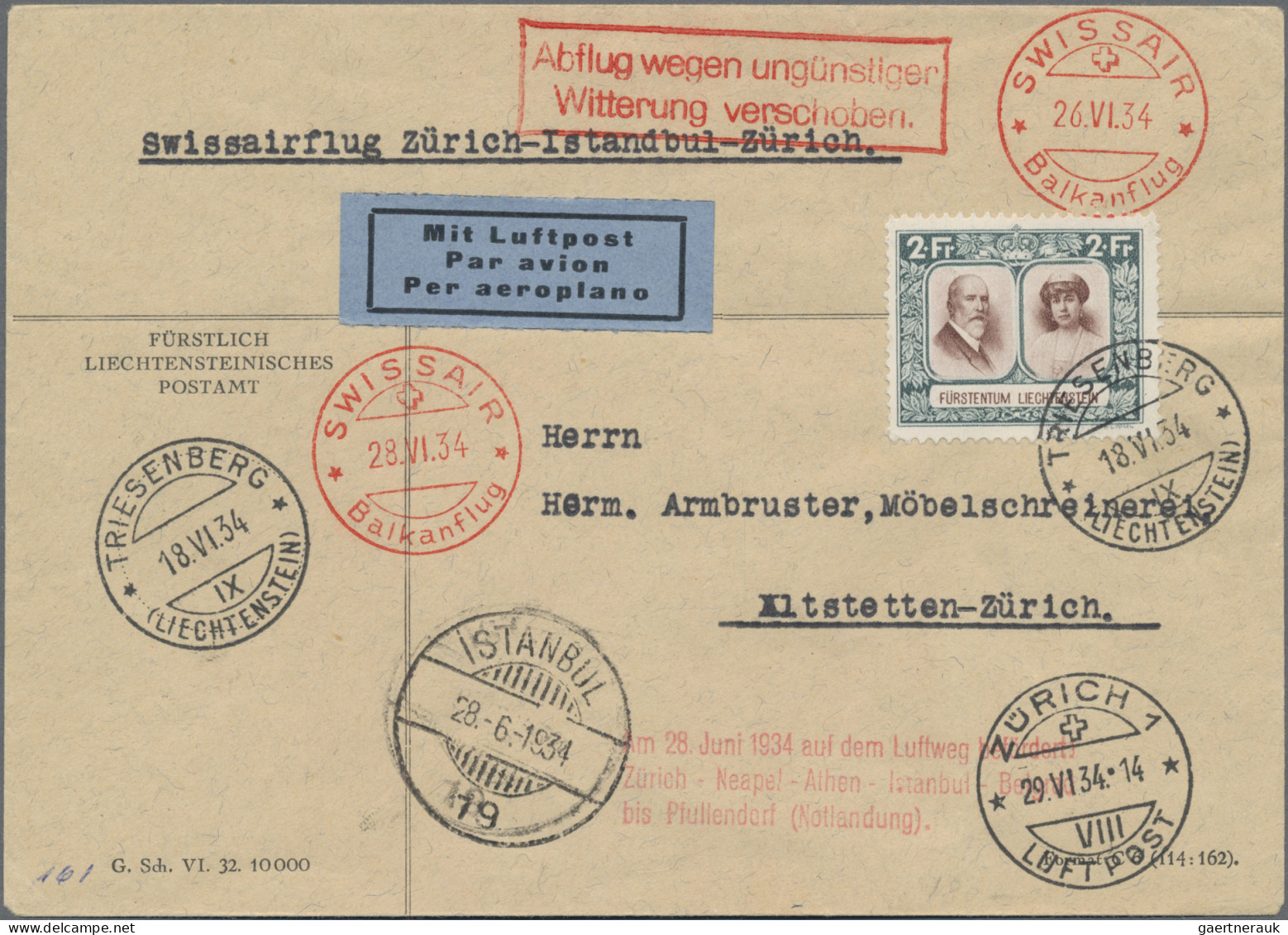 Liechtenstein: 1934, 2 Fr. Fürstenpaar Als EF Auf LP-Brief Mit Swissair-Balkanfl - Briefe U. Dokumente