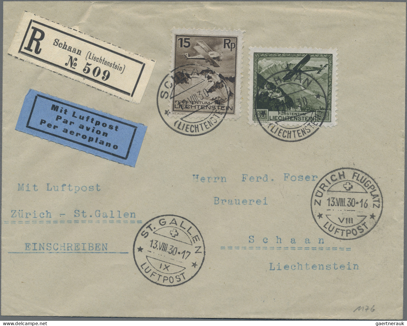 Liechtenstein: 1930, 15, 35, 45 Rp. Und 1 Fr. Flugpost Auf 3 Echt Gelaufenen LP- - Brieven En Documenten