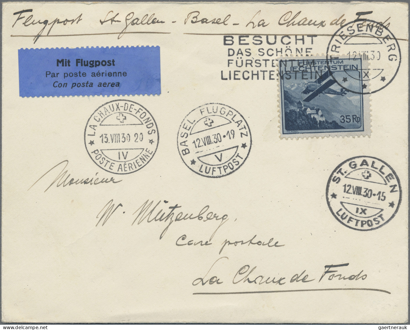 Liechtenstein: 1930, 15, 35, 45 Rp. Und 1 Fr. Flugpost Auf 3 Echt Gelaufenen LP- - Covers & Documents