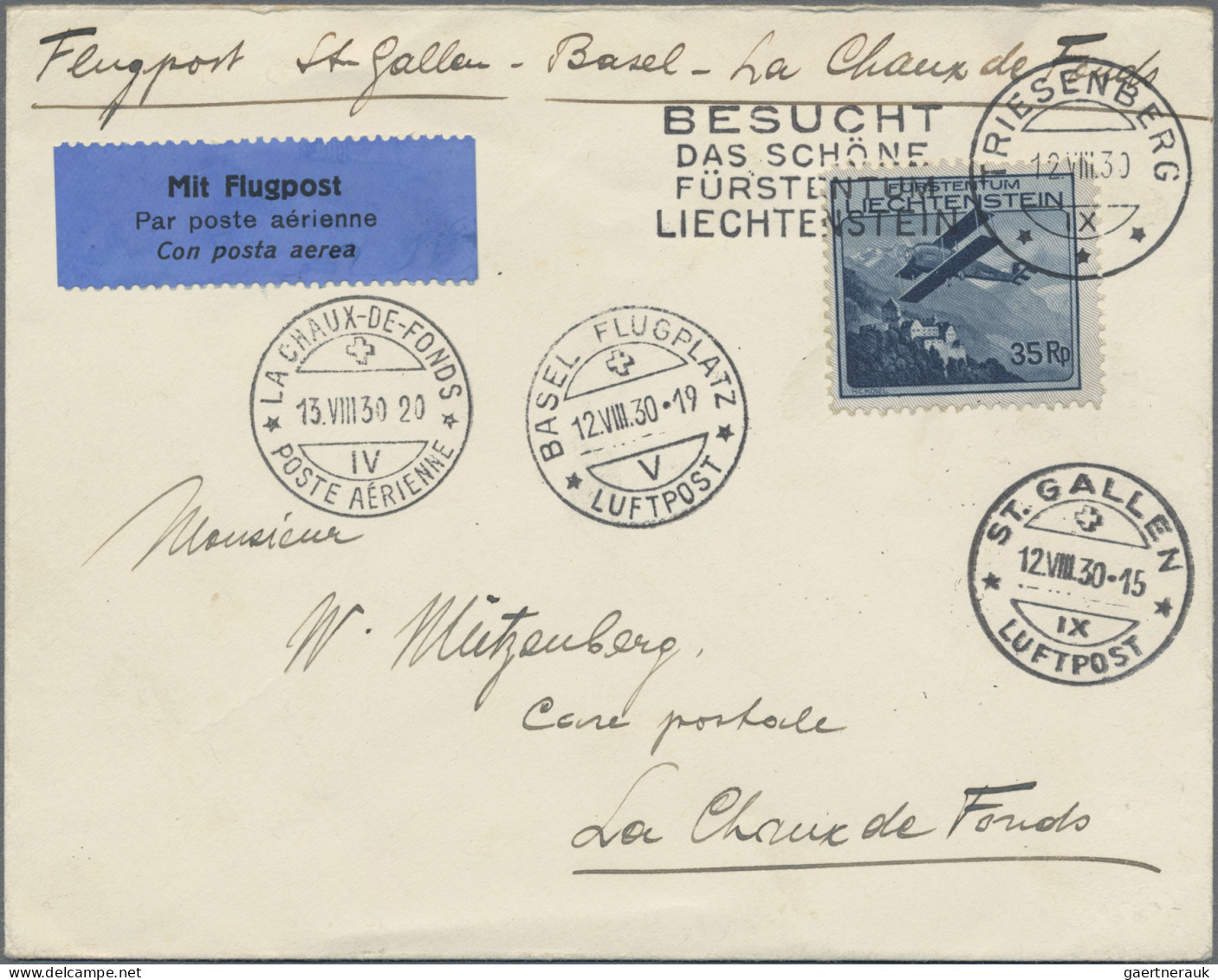 Liechtenstein: 1930, 15, 35, 45 Rp. Und 1 Fr. Flugpost Auf 3 Echt Gelaufenen LP- - Cartas & Documentos