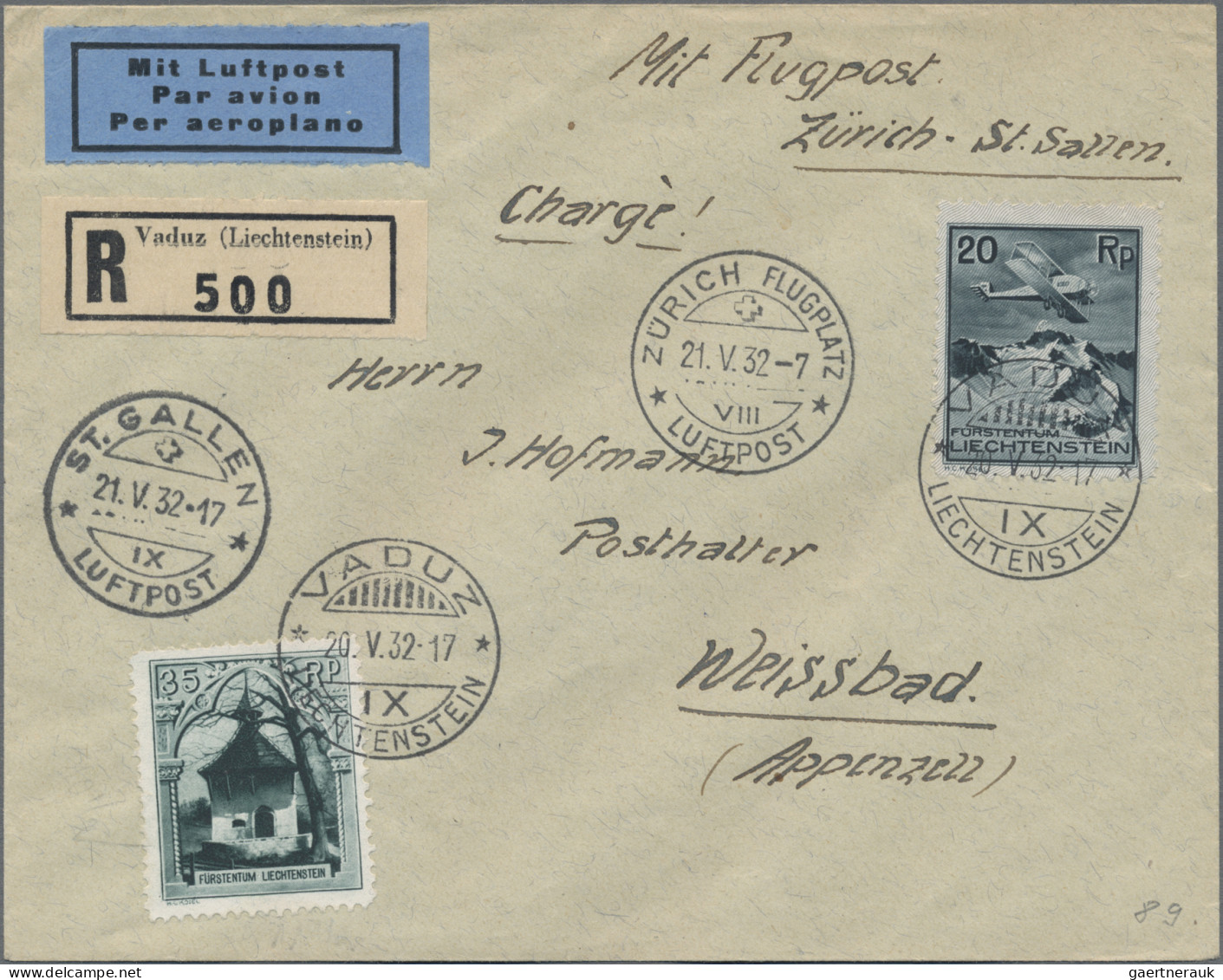 Liechtenstein: 1932, 35 Rp. Rofenbergkaplle Und 20 Rp. Flugpost Mit PF "weißer B - Lettres & Documents