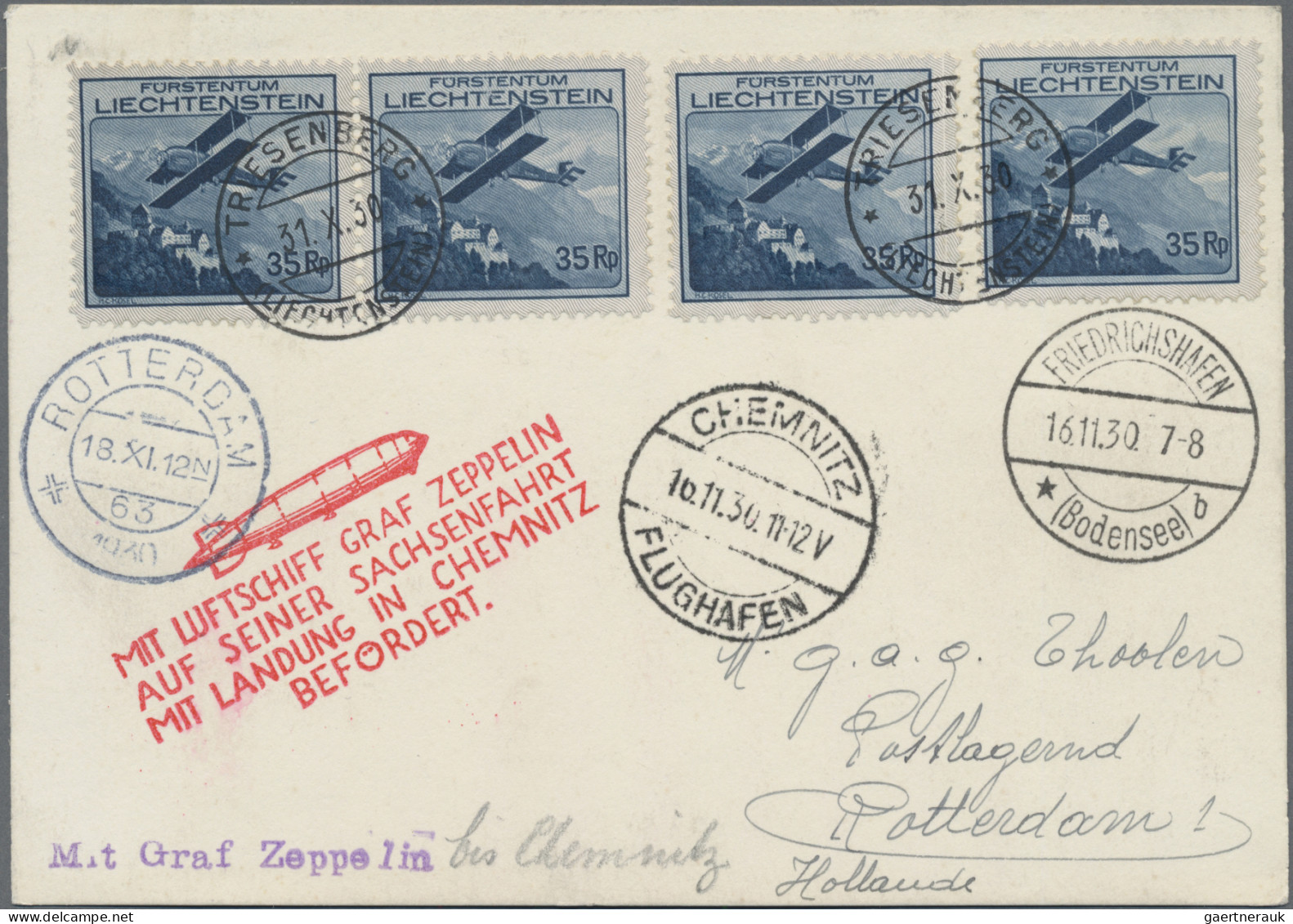 Liechtenstein: 1930, 4x 35 Rp. Flugpost Seltene MeF Auf Karte Mit Zeppelin-Sachs - Briefe U. Dokumente