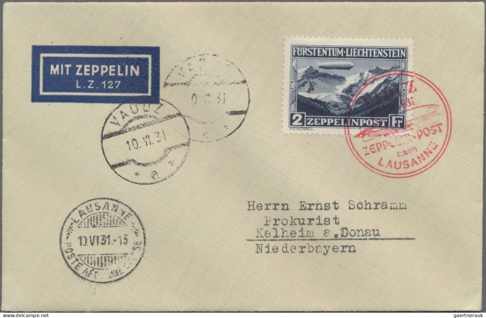 Liechtenstein: 1931, 1 U. 2 Fr. Zeppelin Auf Karte (etw. Bügig) Bzw. Brief Mit E - Storia Postale