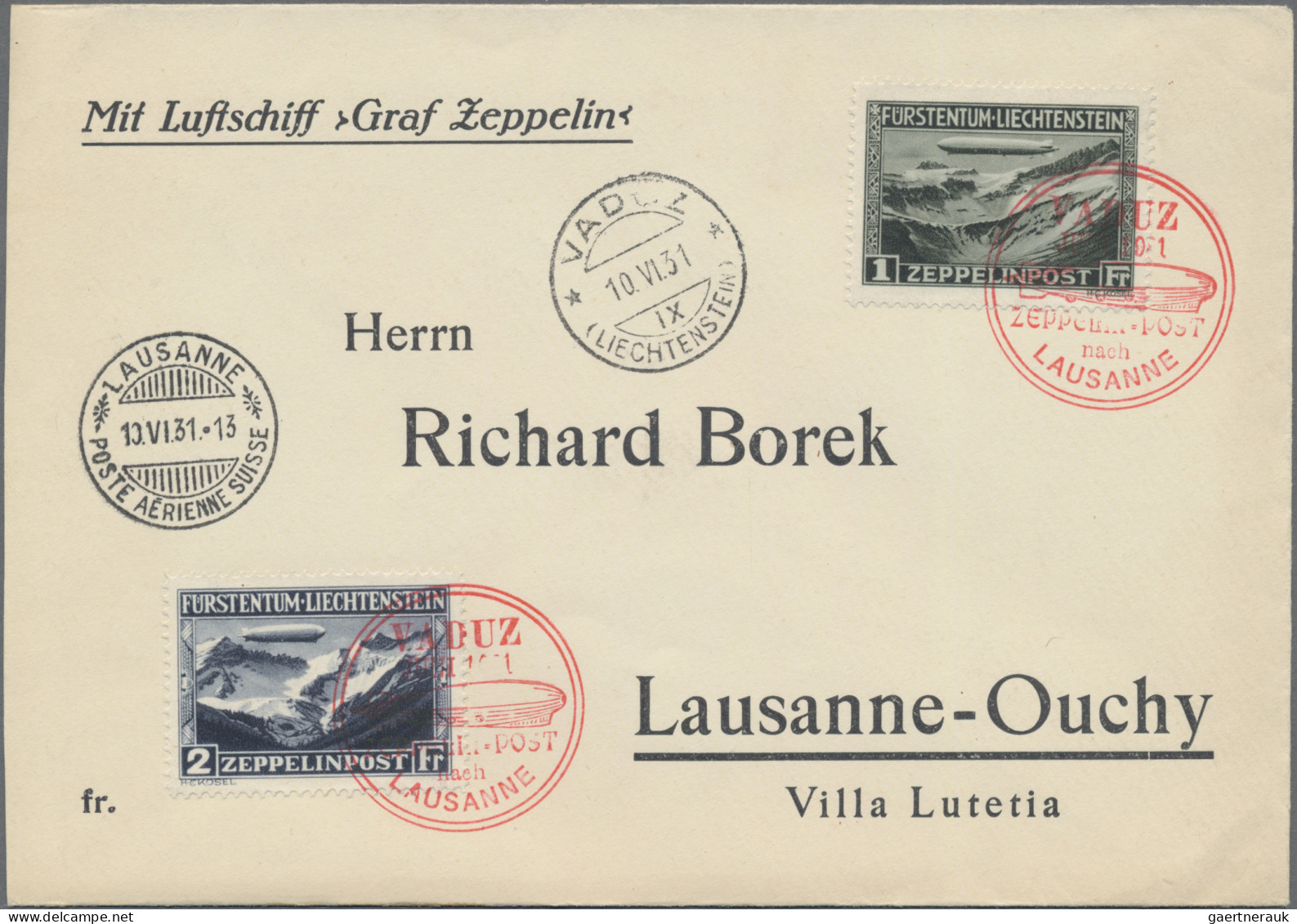Liechtenstein: 1931, 1 Fr. Zeppelin Auf Zeppelin-Karte, 2 Fr. Zeppelin Auf Brief - Storia Postale