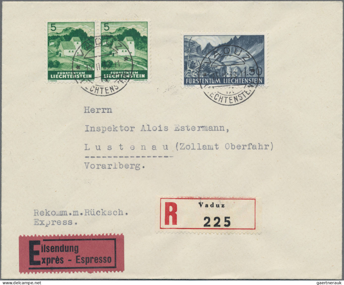 Liechtenstein: 1938, 2x5 Rp. Mit 1.50 Fr. Freimarken Schiestl Auf R-Eil-Rücksche - Lettres & Documents