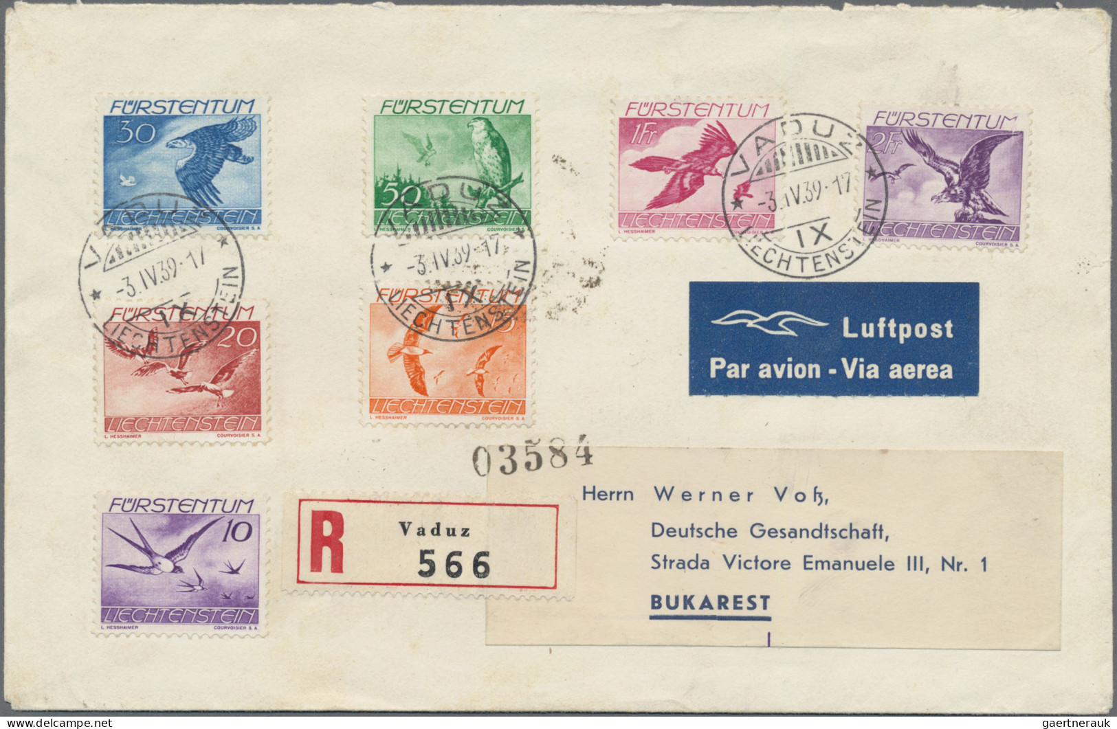 Liechtenstein: 1939, Flugpost Vögel Komplett 7 Werte Auf Echt Gelaufenem R-LP-Br - Brieven En Documenten