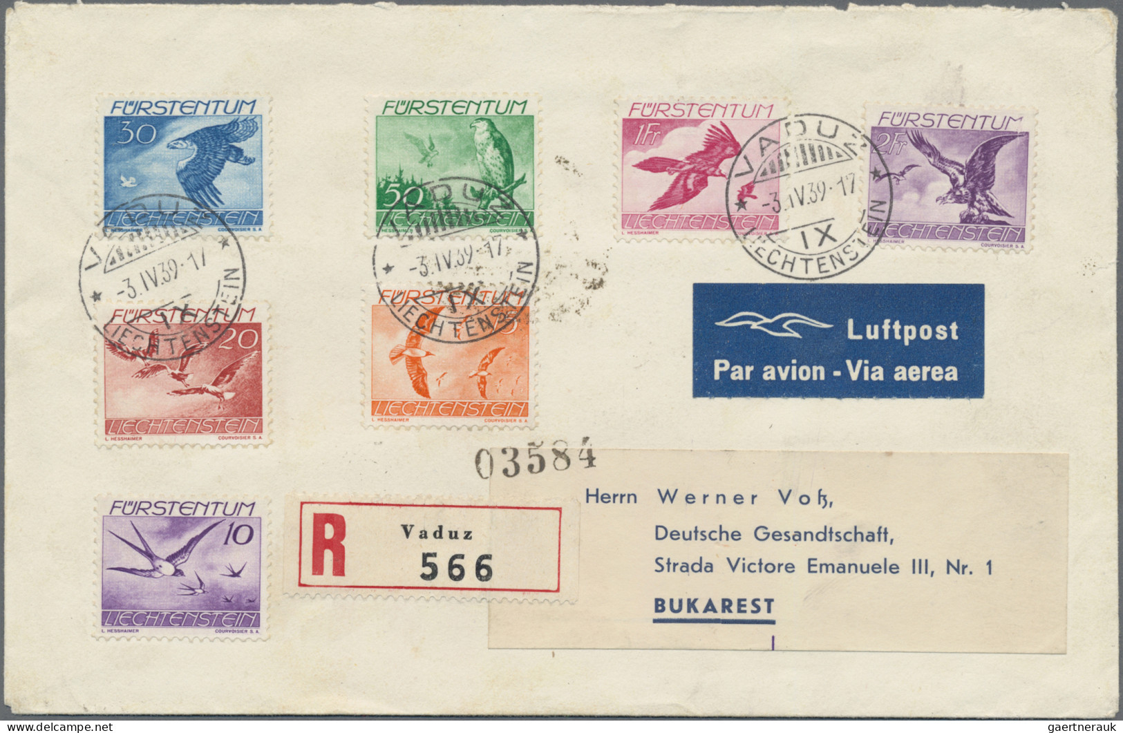 Liechtenstein: 1939, Flugpost Vögel Komplett 7 Werte Auf Echt Gelaufenem R-LP-Br - Storia Postale