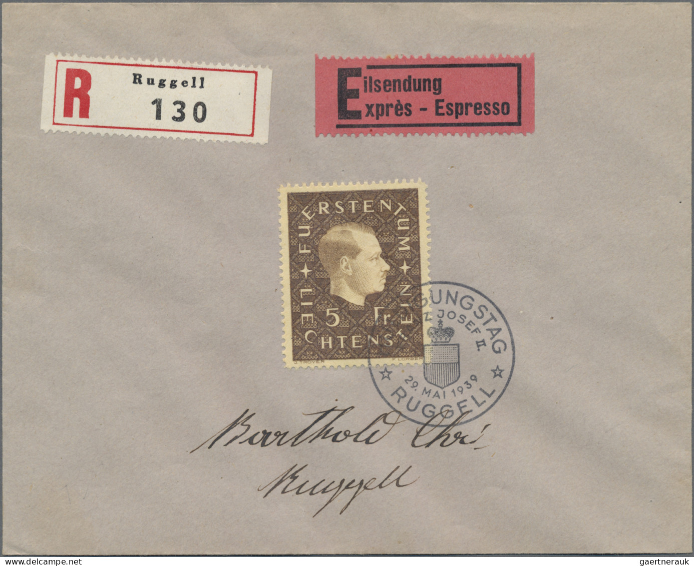 Liechtenstein: 1939, 2 U. 3 Fr. Wappen Auf 2 Echt Gelaufenen R-Eil-LP-Briefen Mi - Lettres & Documents