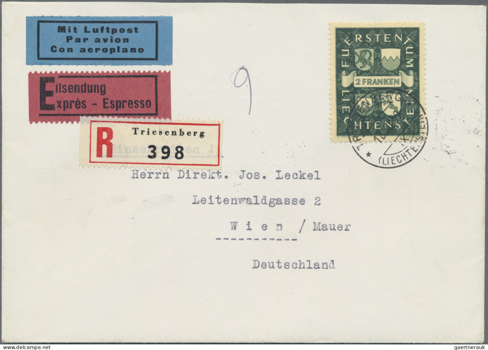 Liechtenstein: 1939, 2 U. 3 Fr. Wappen Auf 2 Echt Gelaufenen R-Eil-LP-Briefen Mi - Cartas & Documentos