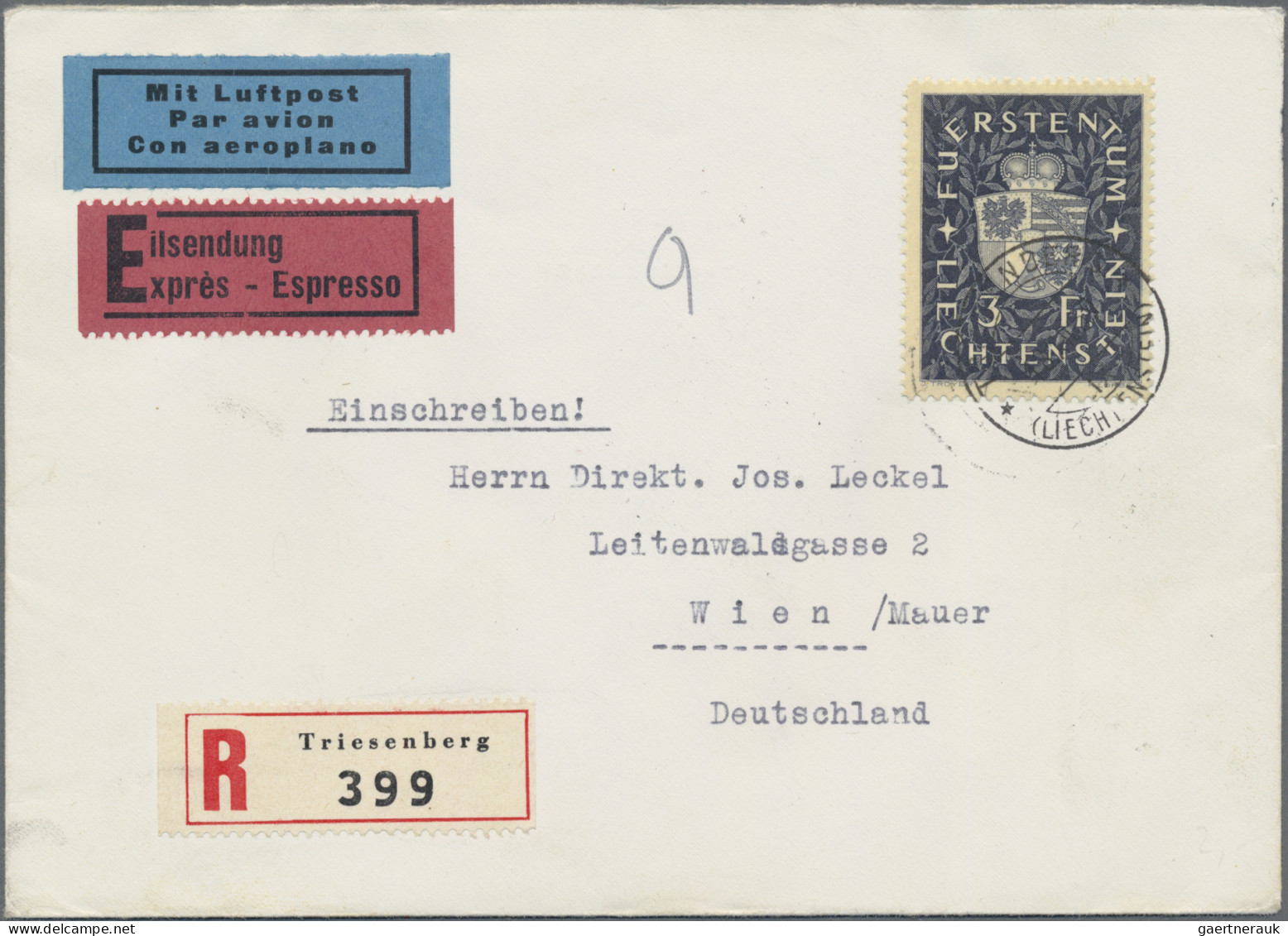Liechtenstein: 1939, 2 U. 3 Fr. Wappen Auf 2 Echt Gelaufenen R-Eil-LP-Briefen Mi - Storia Postale