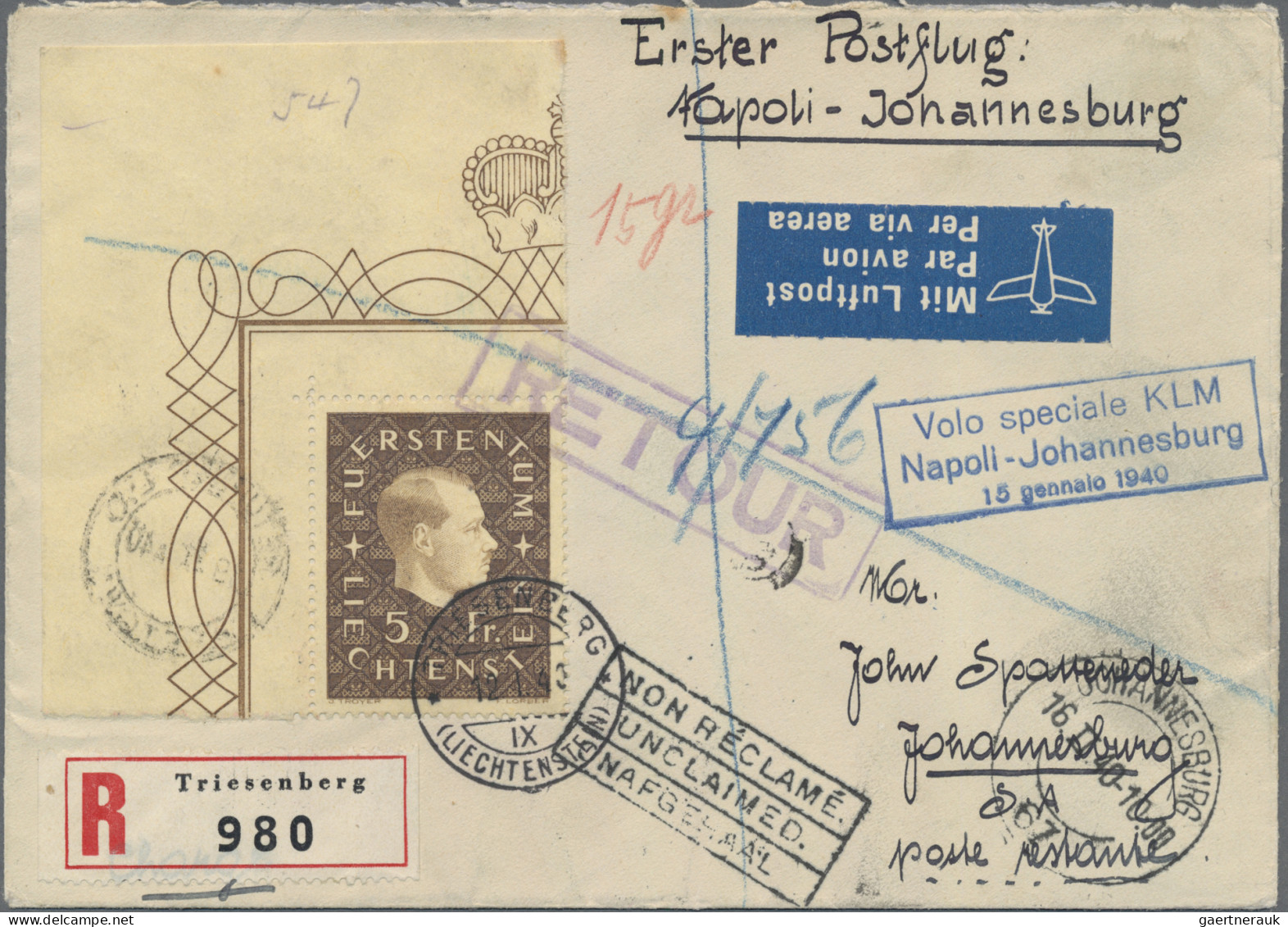 Liechtenstein: 1940, 5 Fr. Fürst Li. Ob. Eckrandstück Auf R-LP-Brief Von Triesen - Cartas & Documentos
