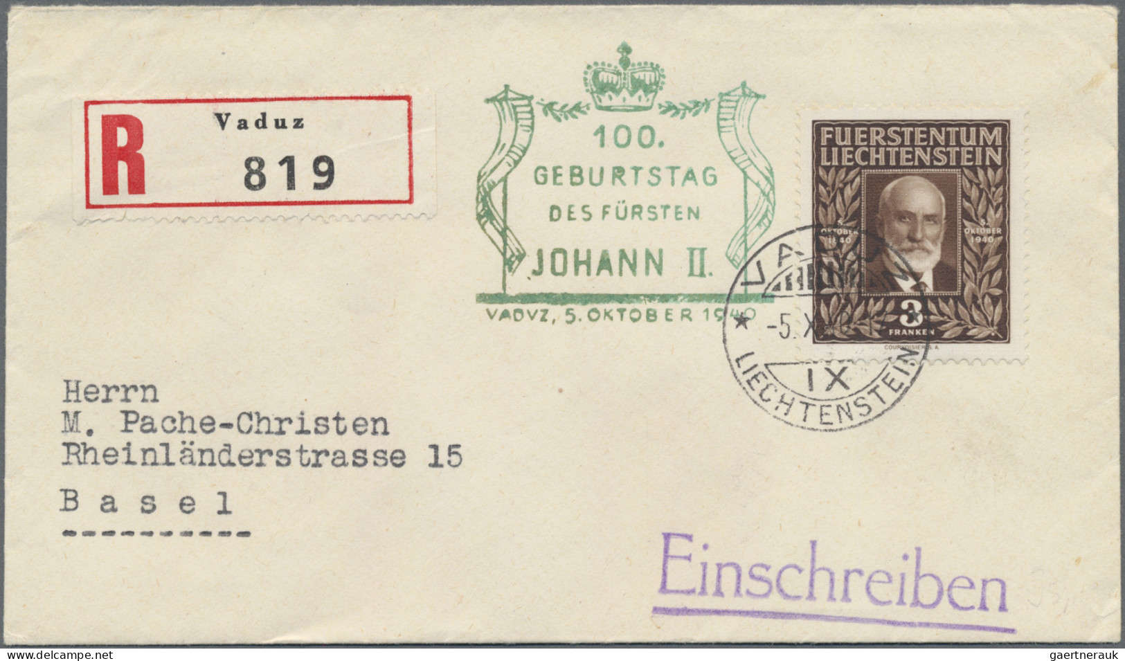 Liechtenstein: 1940, 100. Geburtstag Des Fürsten Komplett 6 Werte Auf 2 Echt Gel - Storia Postale