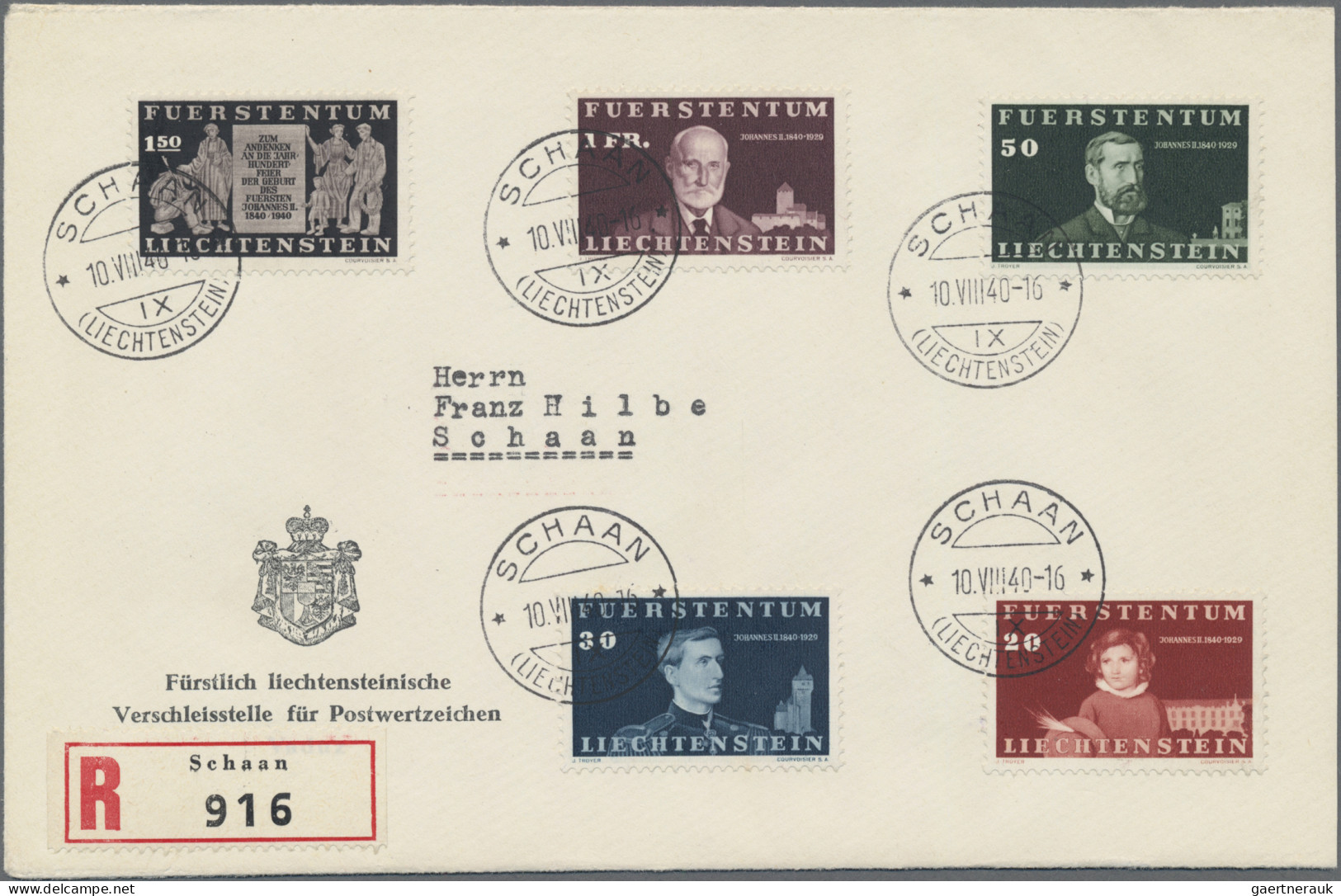 Liechtenstein: 1940, 100. Geburtstag Des Fürsten Komplett 6 Werte Auf 2 Echt Gel - Storia Postale