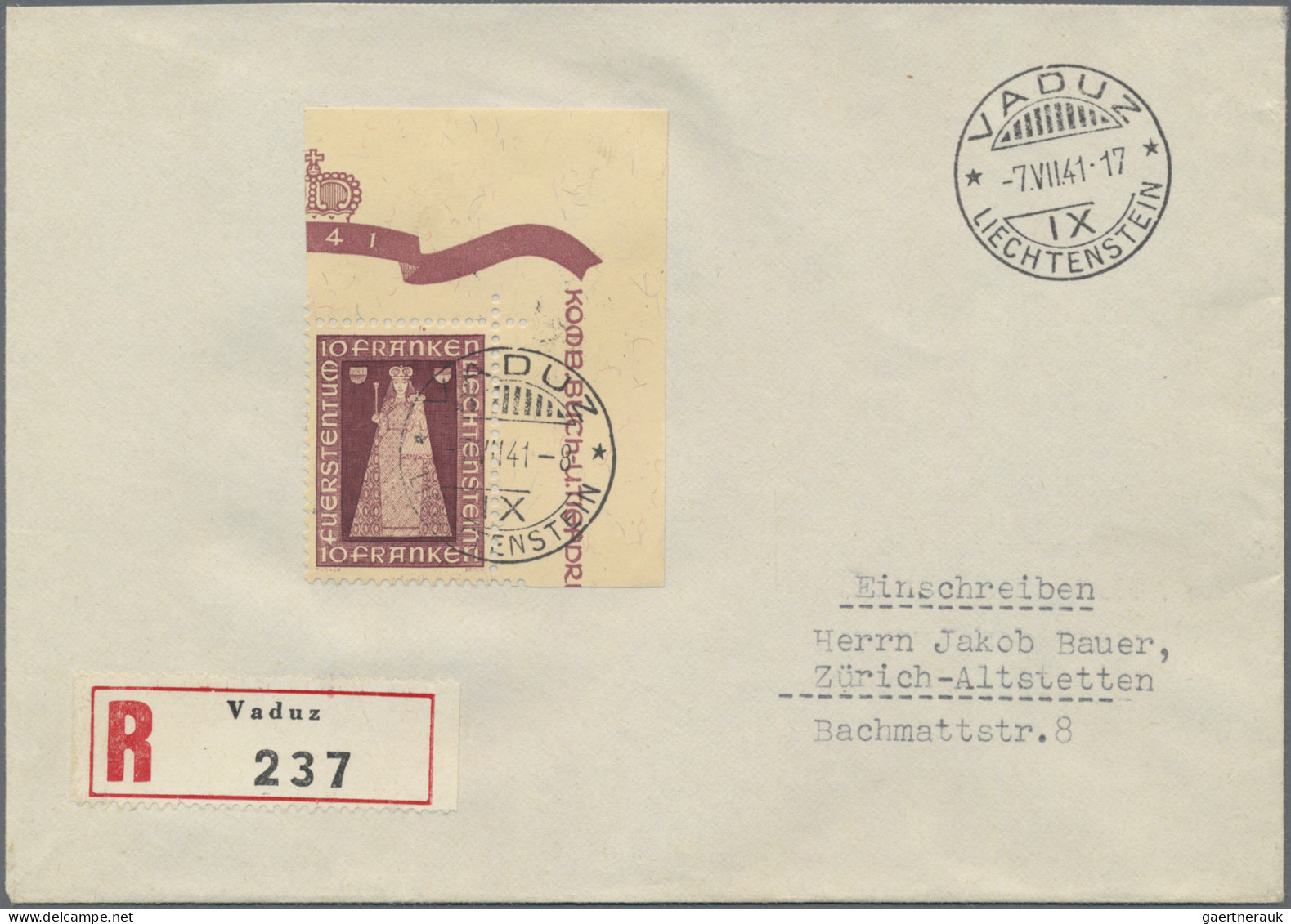 Liechtenstein: 1941, 10 Fr. Madonna Von Dux Auf Echt Gelaufenen R-Brief Mit Erst - Covers & Documents