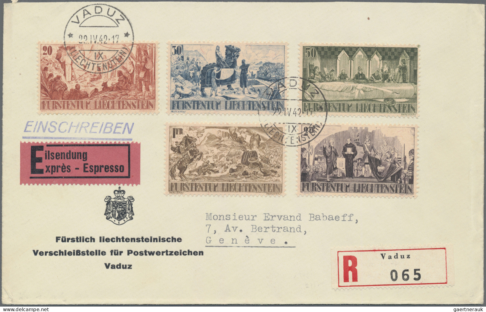Liechtenstein: 1942, 600 Jahre Gebietsteilung Komplett 5 Werte Auf Echt Gelaufen - Briefe U. Dokumente
