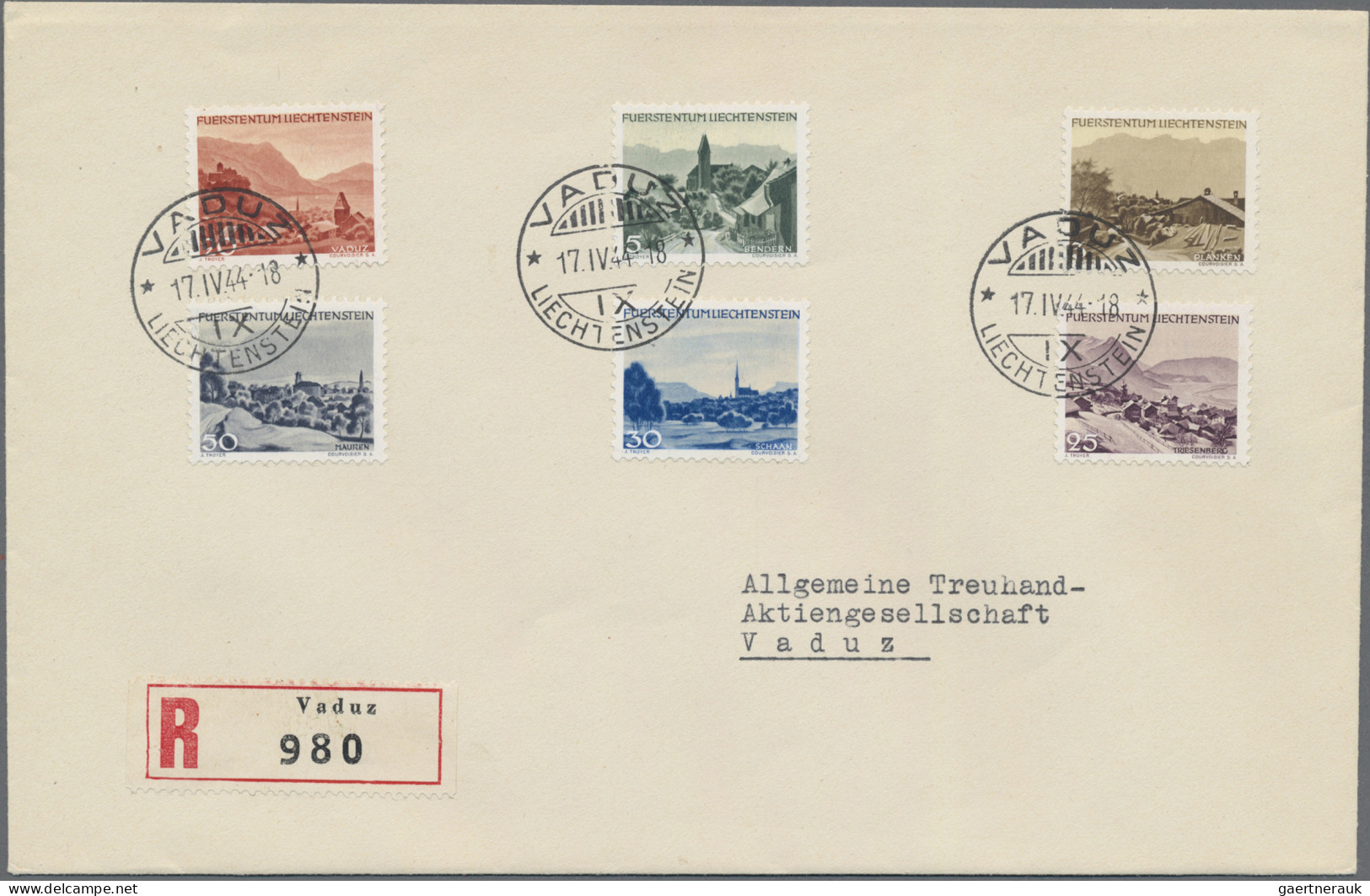 Liechtenstein: 1944, Freimarken Troyer Komplett 14 Werte Auf 3 Echt Gelaufenen R - Covers & Documents