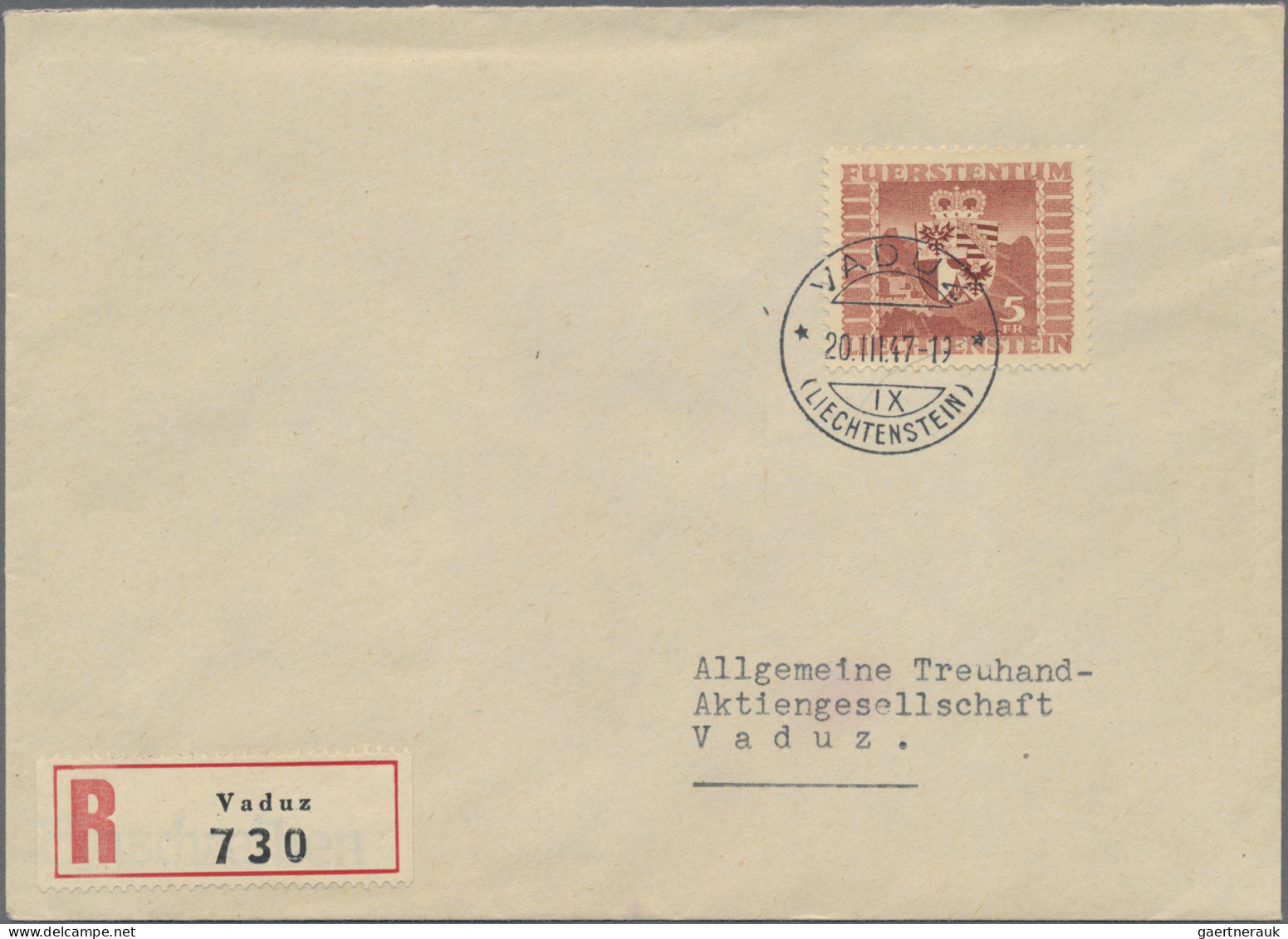Liechtenstein: 1945/1947, 5 Fr. Wappen Blau Und Rot Und 10 Fr. Luzius Auf 3 Echt - Covers & Documents