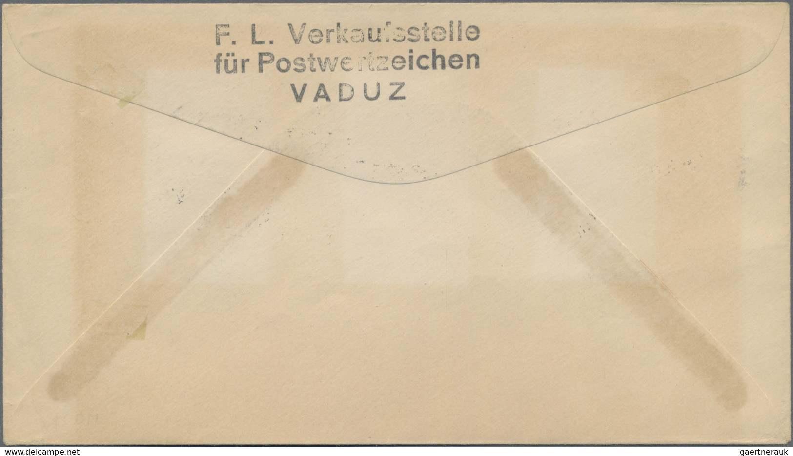 Liechtenstein: 1949, 5 Rp. Farbänderung In 2 Zentr. Gest. 4er-Blocks Auf Brief D - Cartas & Documentos