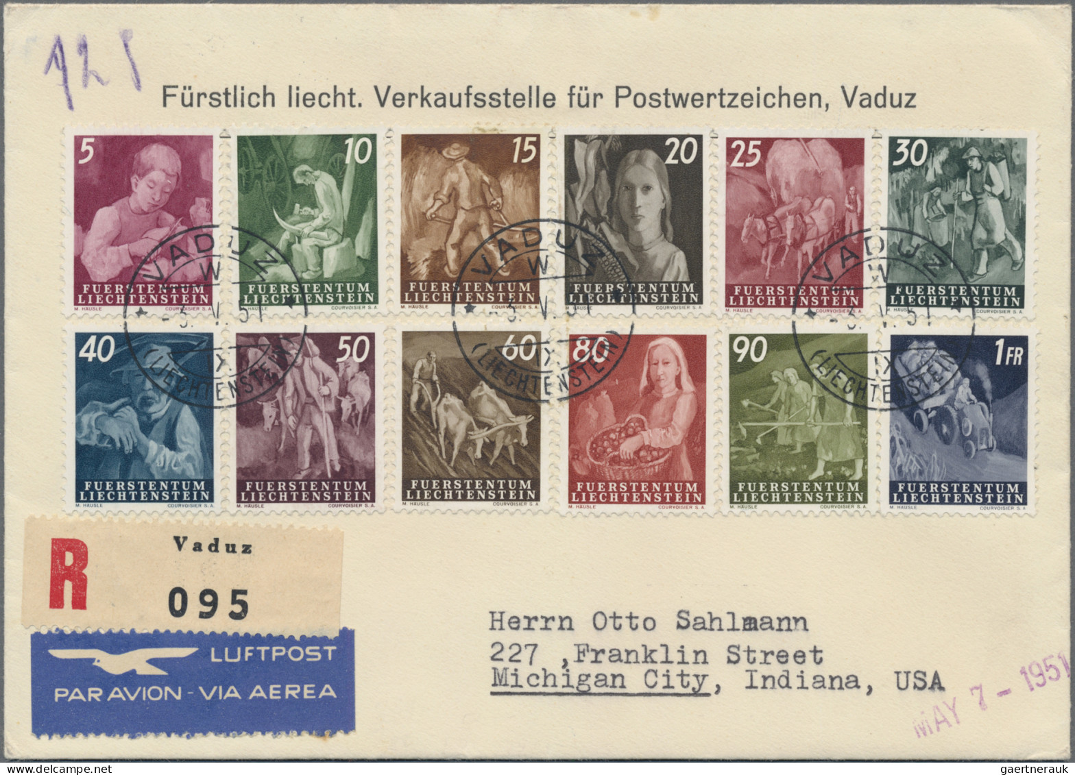 Liechtenstein: 1951, Landarbeit Komplett 12 Werte Auf Echt Gelaufenem R-LP-Brief - Briefe U. Dokumente