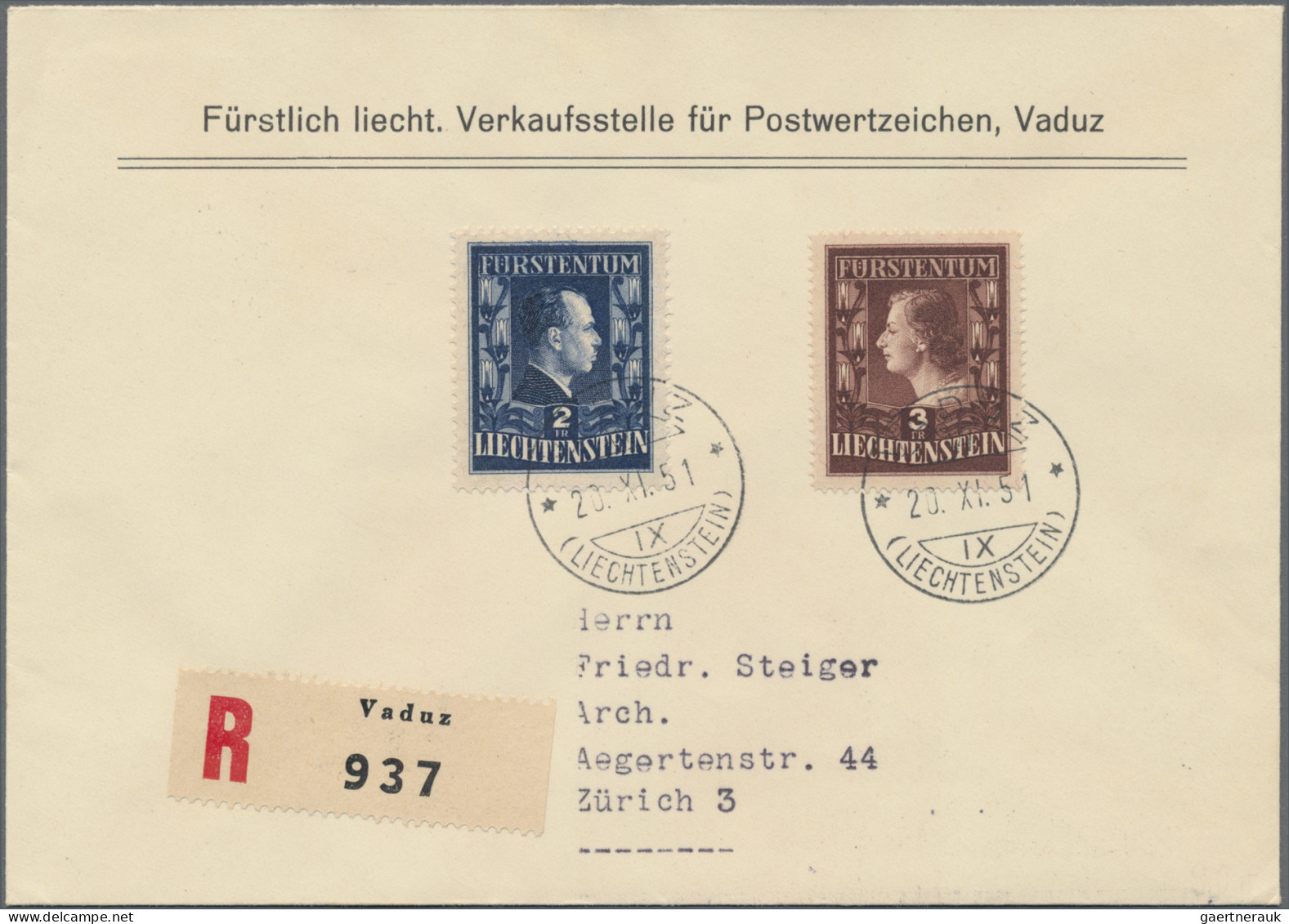 Liechtenstein: 1951, 2 U. 3 Fr. Fürstenpaar Auf Echt Gelaufenem R-Brief Der Verk - Lettres & Documents