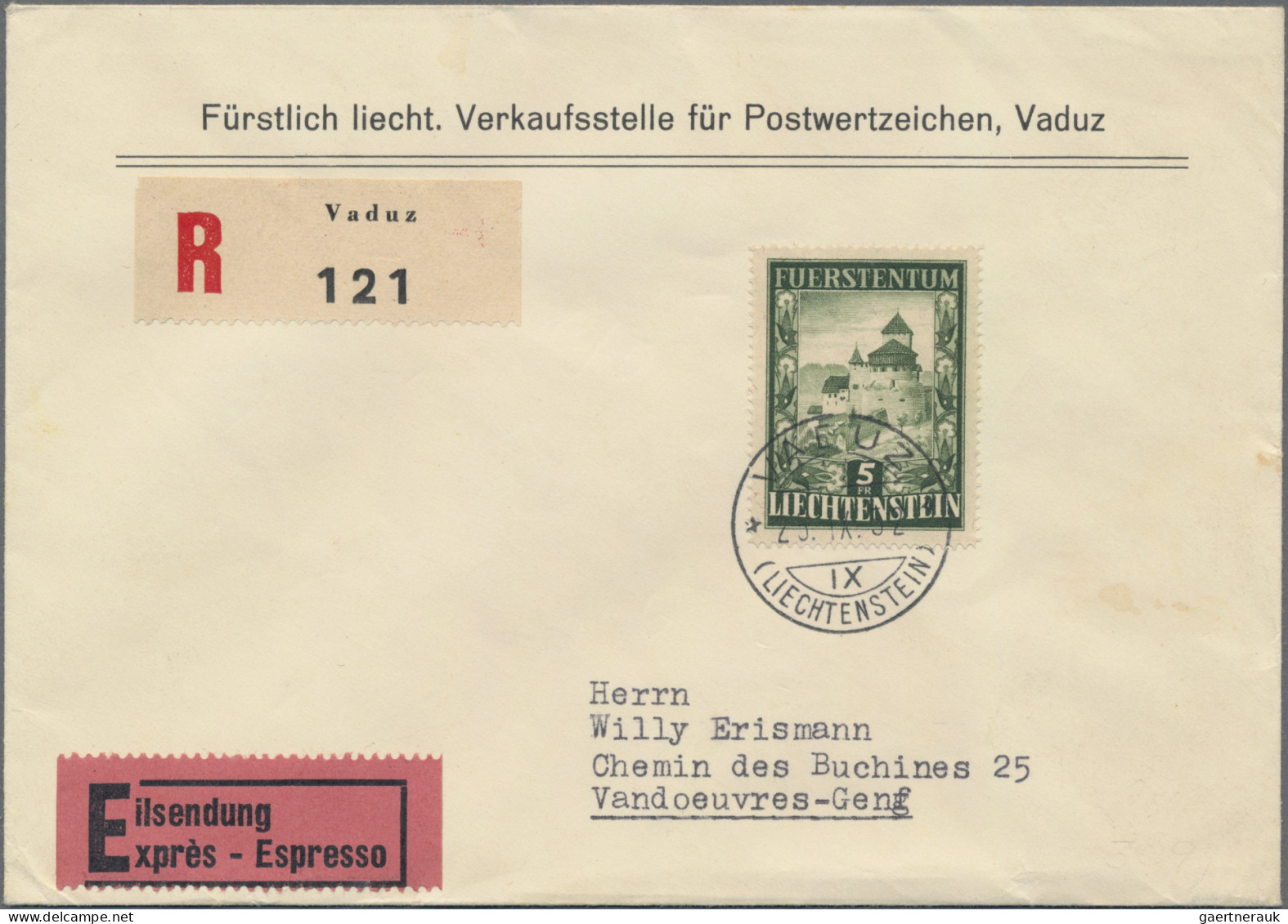 Liechtenstein: 1952,25.IX., 5 Fr. Schloß Vaduz Auf Echt Gelaufenem R-Eil-Brief D - Storia Postale