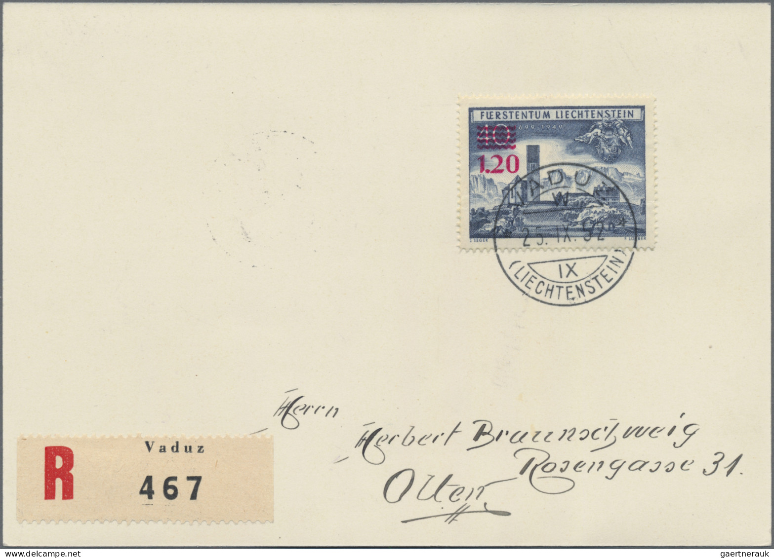 Liechtenstein: 1952,25.IX., 5 Fr. Schloß Vaduz Auf Echt Gelaufenem R-Eil-Brief D - Storia Postale
