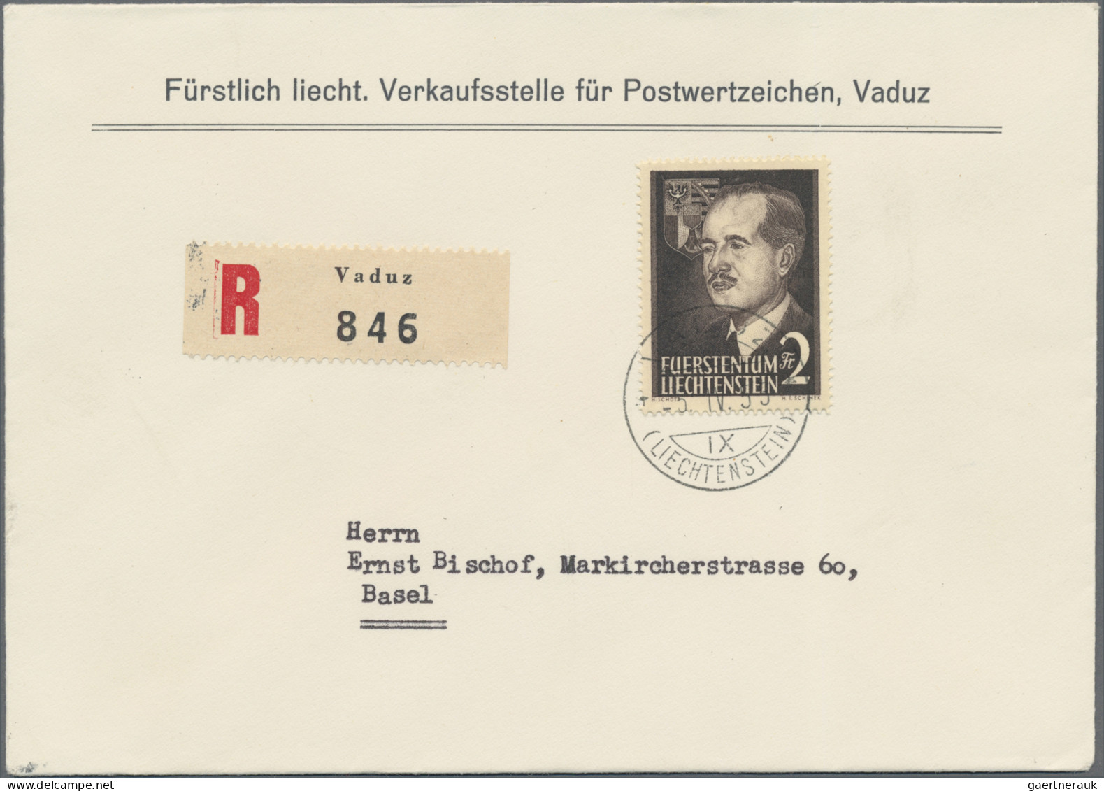 Liechtenstein: 1955, 2 U. 3 Fr. Fürstenpaar Auf 2 Echt Gelaufenen R-Briefen Der - Brieven En Documenten
