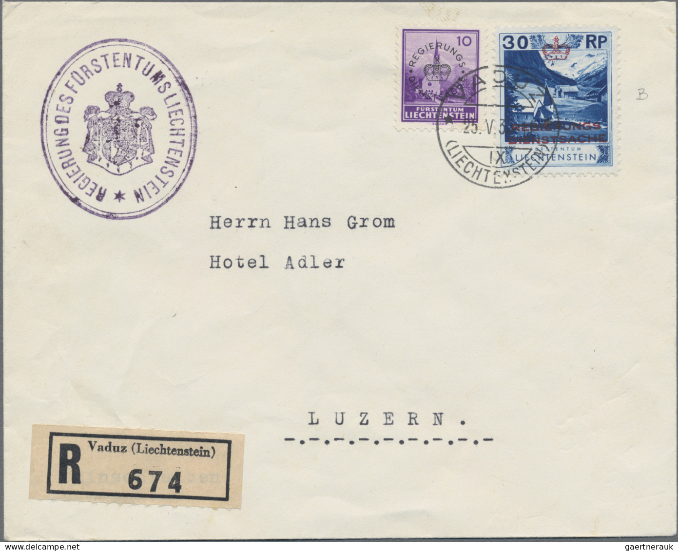 Liechtenstein - Dienstmarken: 1935/1936, 5 verschiedene R-Briefe der Regierung m