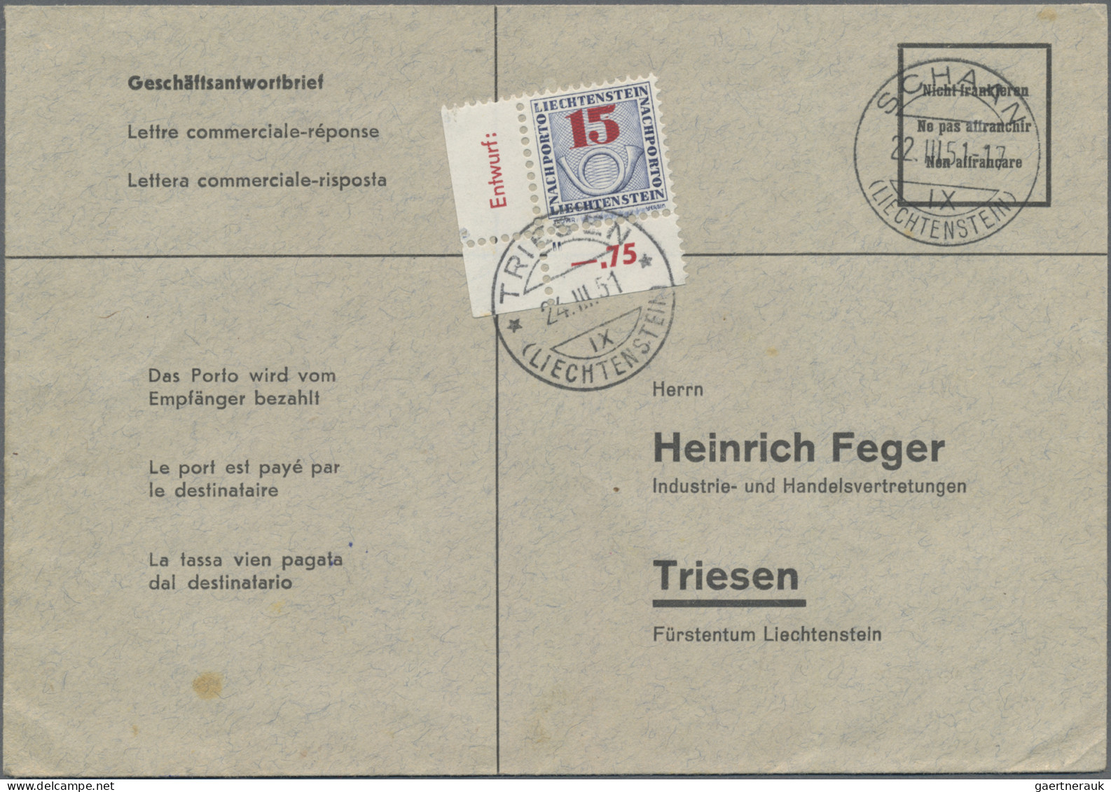 Liechtenstein - Portomarken: 1940/1954, 4 Unterfrankierte Belege Nachtaxiert Mit - Taxe