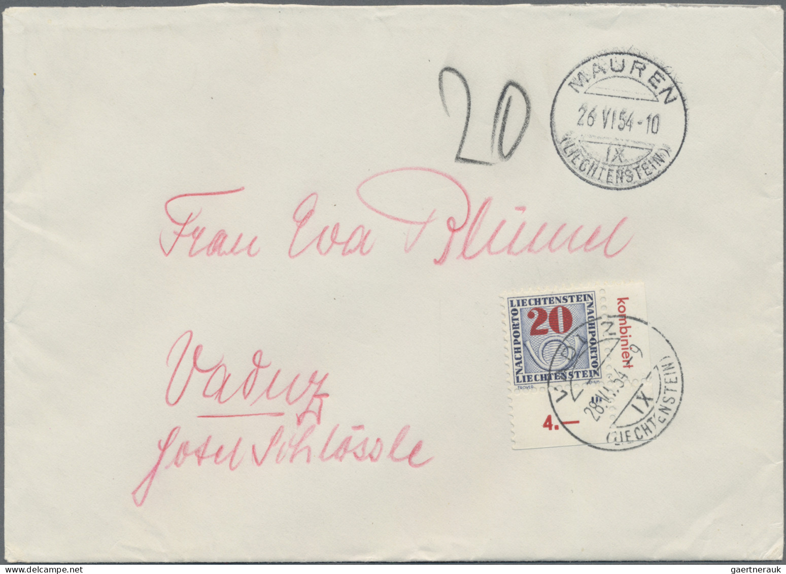 Liechtenstein - Portomarken: 1940/1954, 4 Unterfrankierte Belege Nachtaxiert Mit - Postage Due