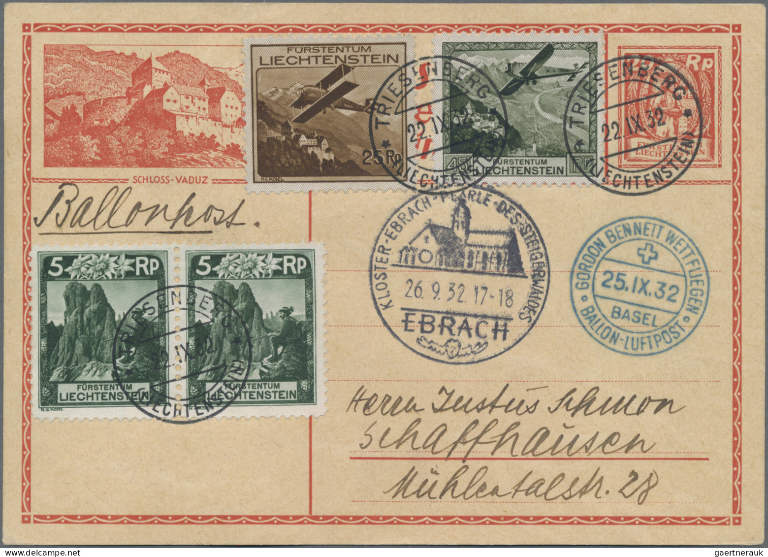 Liechtenstein - Ganzsachen: 1932, 20 Rp. Winzer Auslandsbildpostkarte Mit ZuF 2x - Stamped Stationery