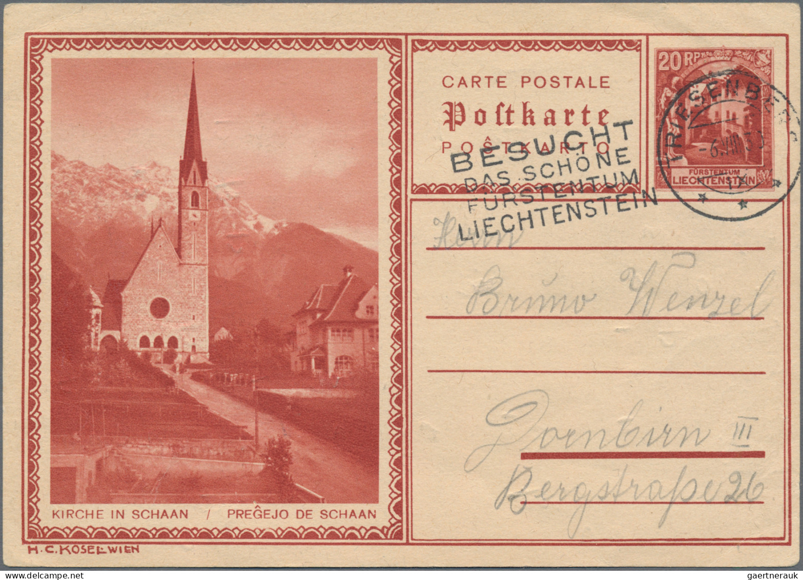 Liechtenstein - Ganzsachen: 1930, 20 Rp. Schlosshof Bilder Valüna-Alpe Und Kirch - Entiers Postaux