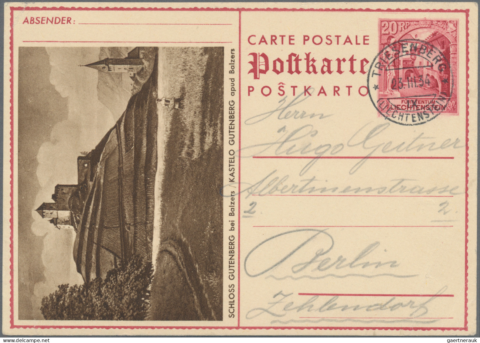 Liechtenstein - Ganzsachen: 1934/1938, 20 Rp. Schloßhof Auslandsbildpost-GA-Kart - Interi Postali