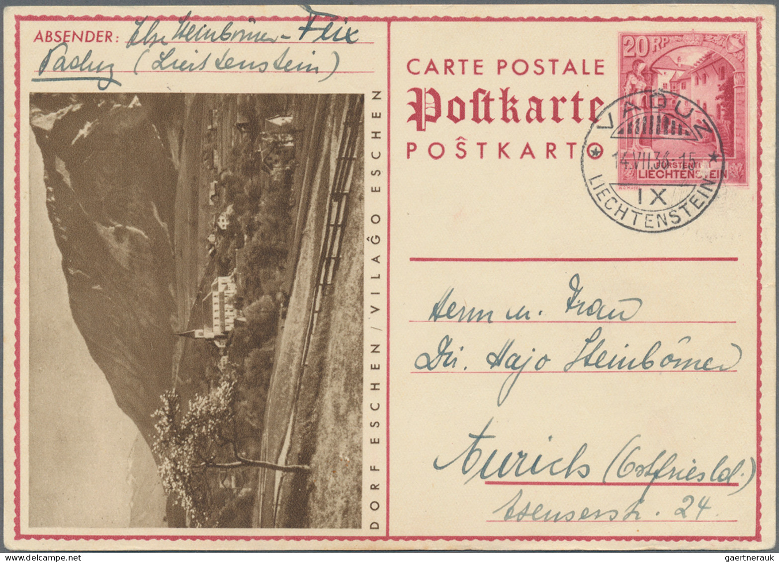 Liechtenstein - Ganzsachen: 1934/1938, 20 Rp. Schloßhof Auslandsbildpost-GA-Kart - Entiers Postaux