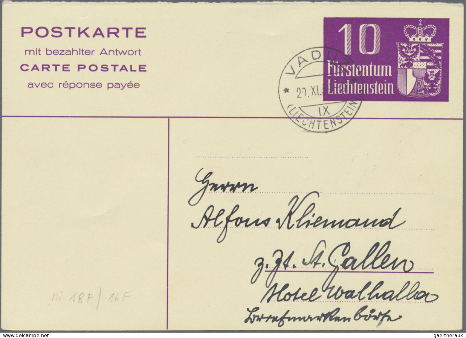 Liechtenstein - Ganzsachen: 1939, 10 Rp. Wappen Frageteil Von Vaduz 29.11.39 Nac - Enteros Postales