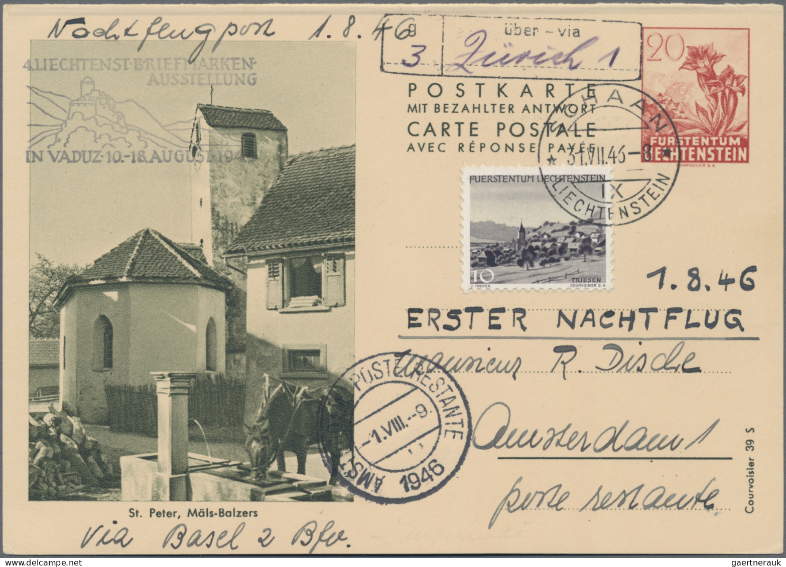 Liechtenstein - Ganzsachen: 1946,1.8., 20 Rp. Enzian Auslandsfragekarte Mit ZuF, - Postwaardestukken