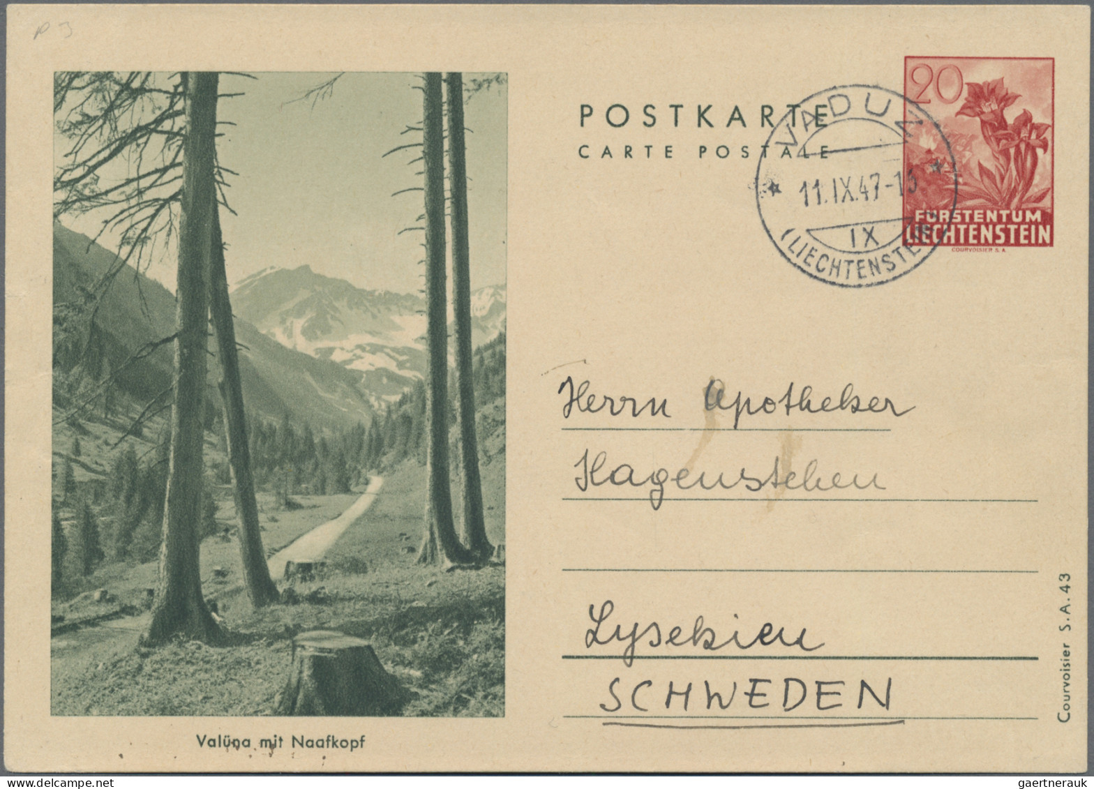 Liechtenstein - Ganzsachen: 1947, 20 Rp. Enzian Bild Valüna Mit DV S.A.43, Bedar - Ganzsachen