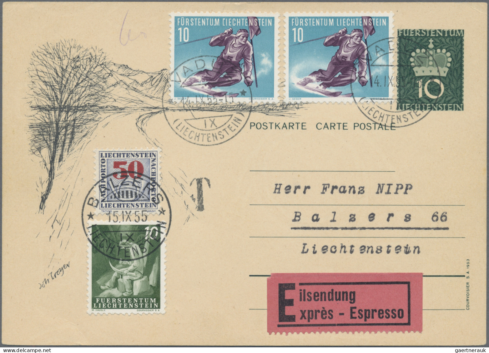 Liechtenstein - Ganzsachen: 1955, 10 Rp. Fürstenkrone, Bild Blick Vom Rheindamm, - Stamped Stationery